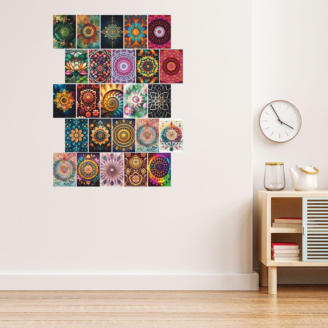 Cvanu 25Pcs Beautiful Mandala Aesthetic Pattern Printed Collage Kit Posters With Glue Dot Tape For Wall Decoration (6Inchx4Inch)