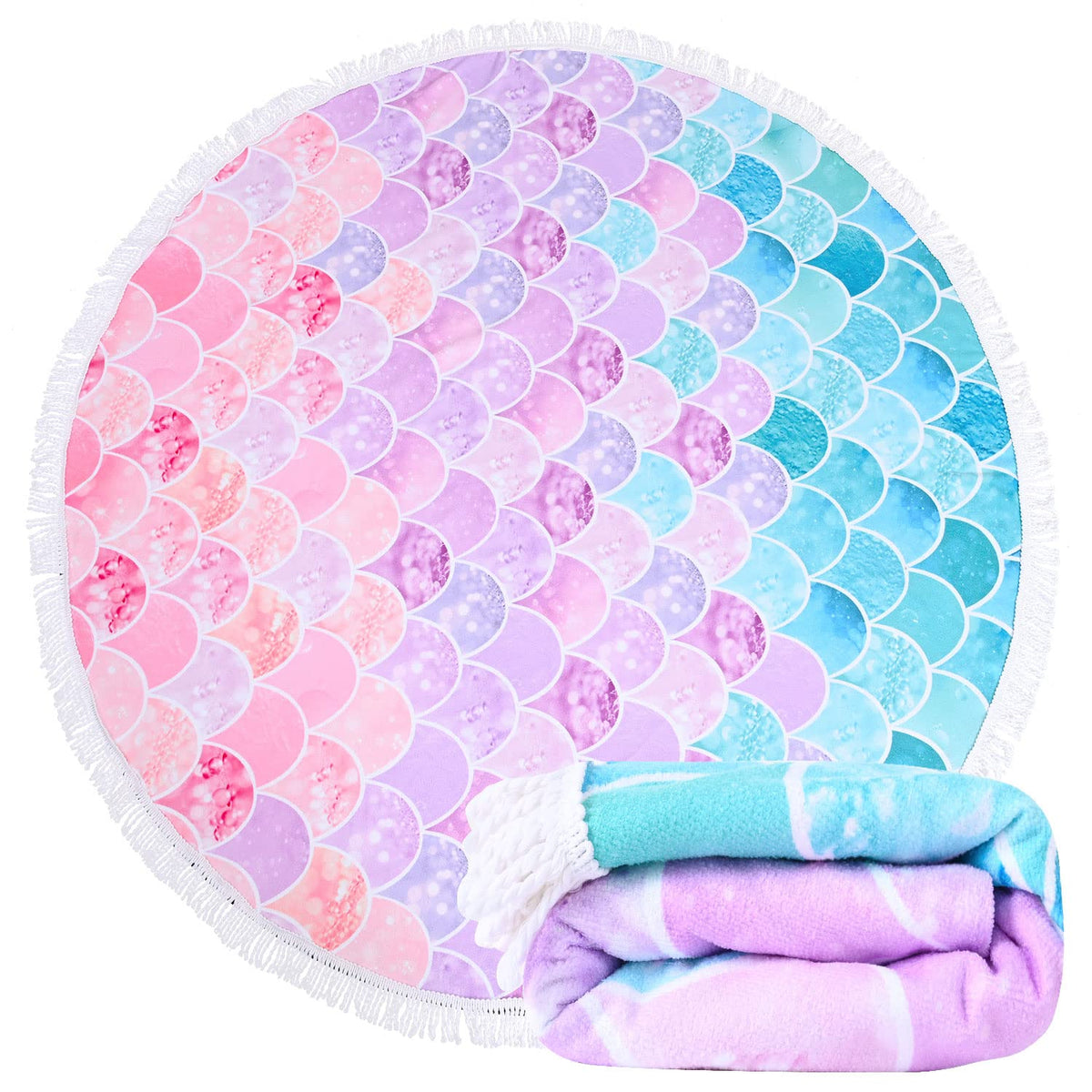 Oversized Round Little Mermaid Beach Towel For Girls Women, Lightweight Microfiber Picnic Pool Swimming Bath Towel With Fringe,