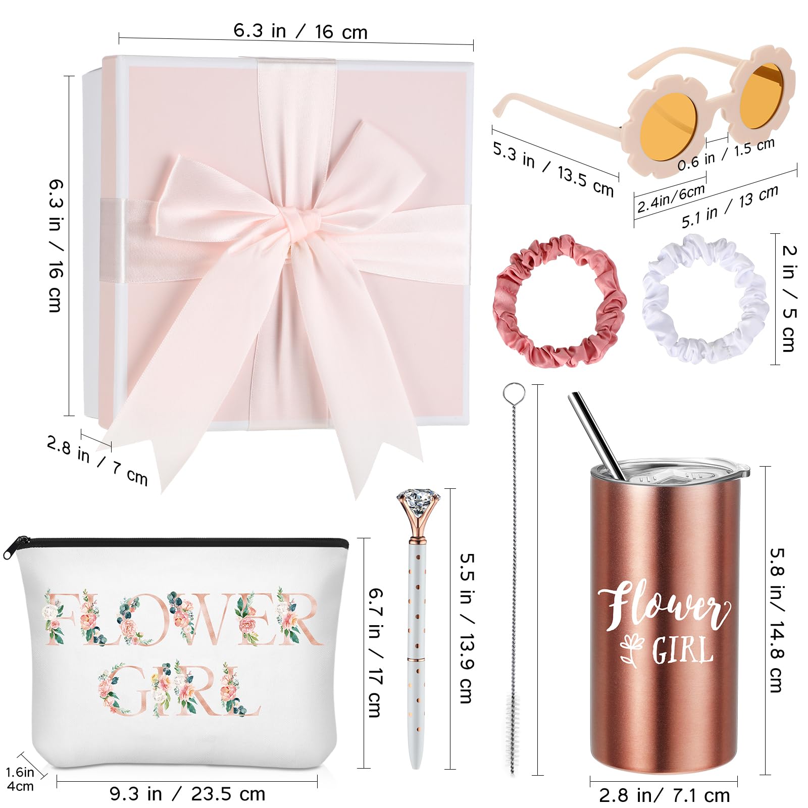 10 Pcs Flower Girl Gifts Set Flower Girl 14Oz Tumbler Canvas Bag Satin Scrunchies Kimono Robe Proposal Gift Box Sunglasses Diamo