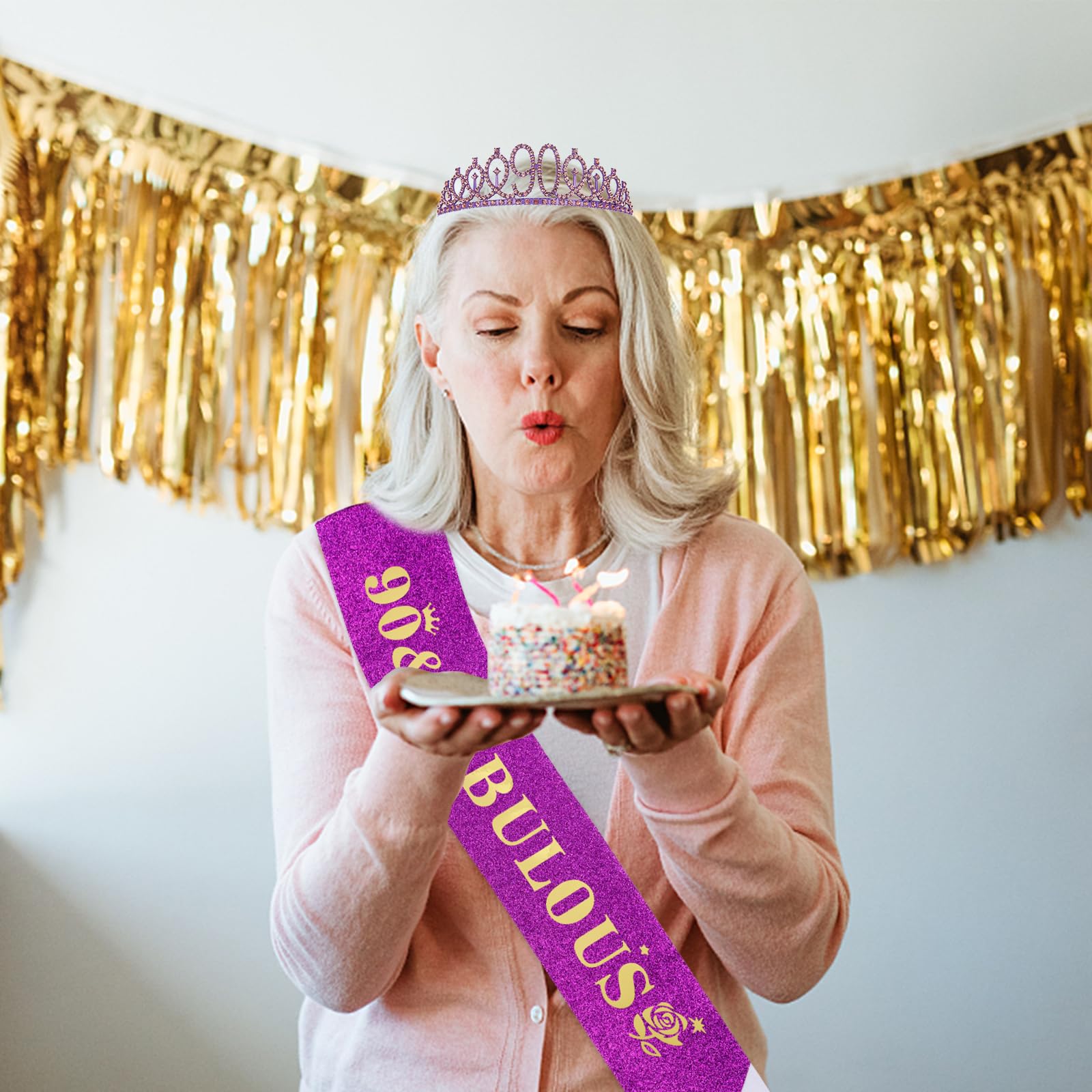 Casoty 90th Birthday Sash and Tiara, 90th Birthday Decorations for Women, 90 & Fabulous Sash and Crown Set, Party Supplies for W