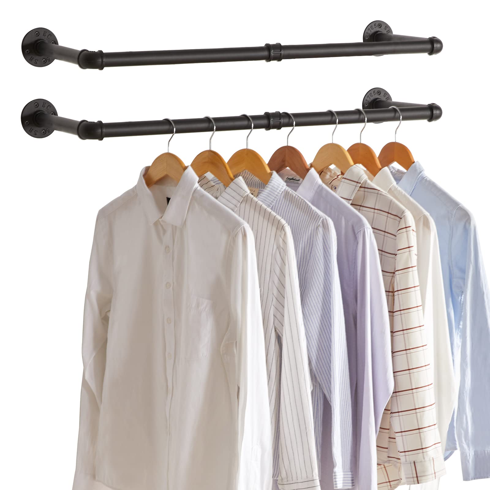 Ibuyke Industrial Pipe Clothes Rack Set Of 2, 37 Inch Wall Mounted Clothing Rack, Space-Saving Hanging Closet Rod, Heavy Duty Mu