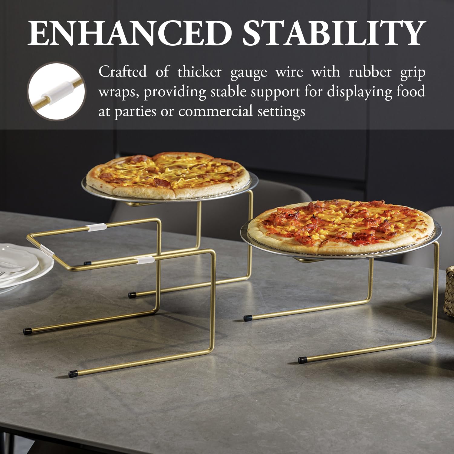 MyGift Brass Metal Pizza Table Stands, Tabletop Pizza Pan Riser Food Platter Tray and Display Rack, Set of 4