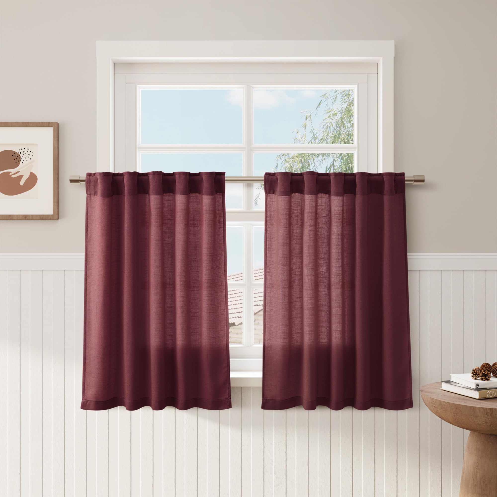 Burgundy Kitchen Short Linen Curtains 36 Inch Length 2 Panels Semi Sheer Linen Light Filtering Valances Back Tab Rod Pocket Desi