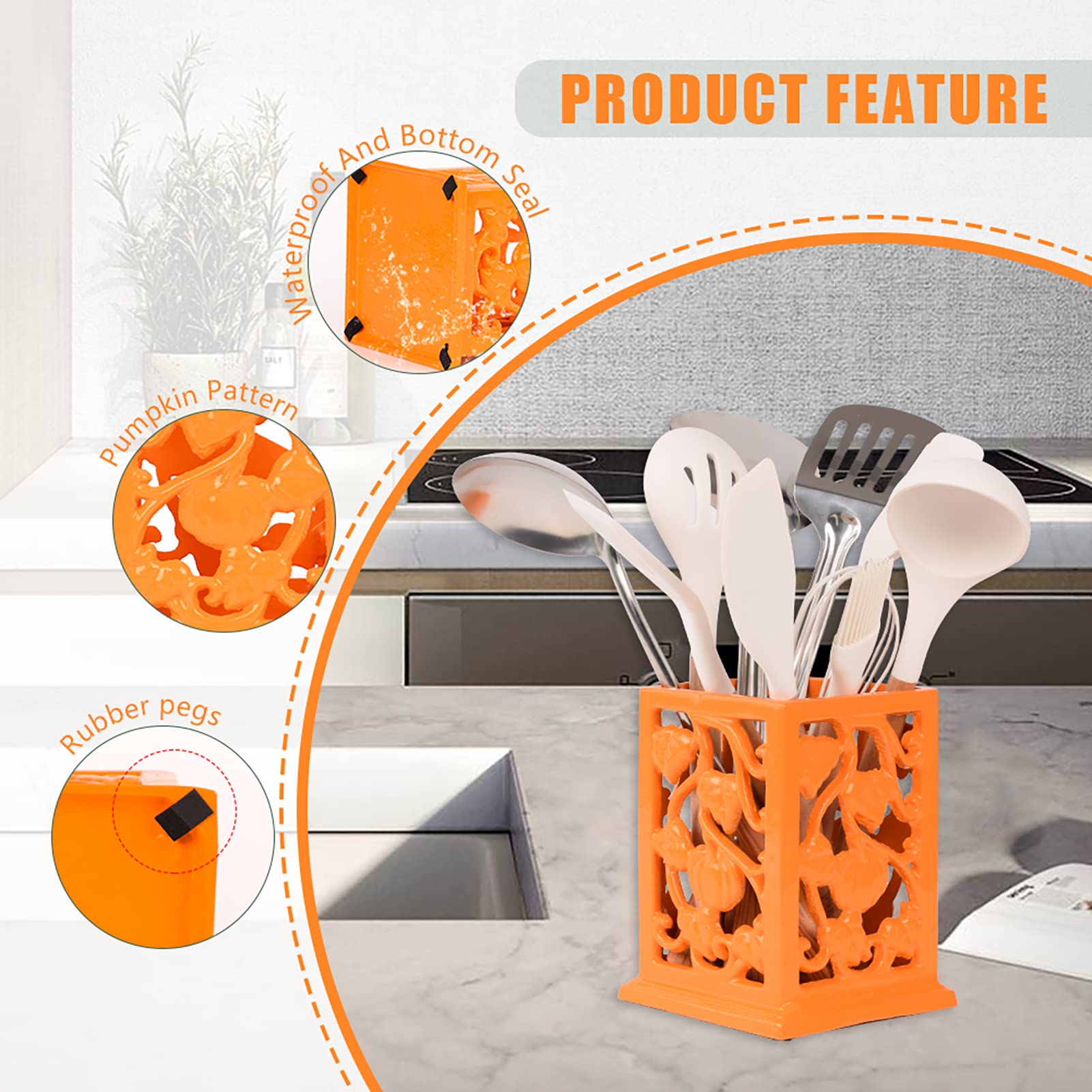 Minluful Utensil Holder For Kitchen Counter, Large Cast Iron Vintage Pumpkin Pattern Utensil Holder Cooking Tools Organizer Stor