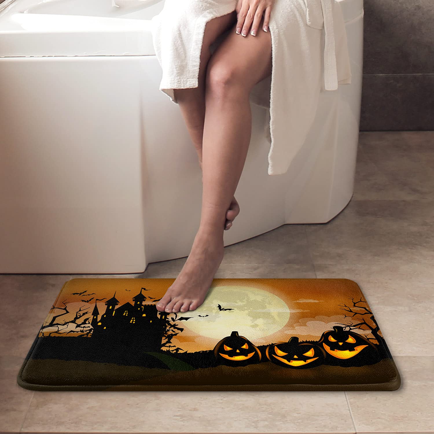 Britimes Bath Mat for Bathroom, No Slip, Halloween Orange Moon Washable Cover Floor Rug Carpets Floor Mat Bathroom Decorations 1