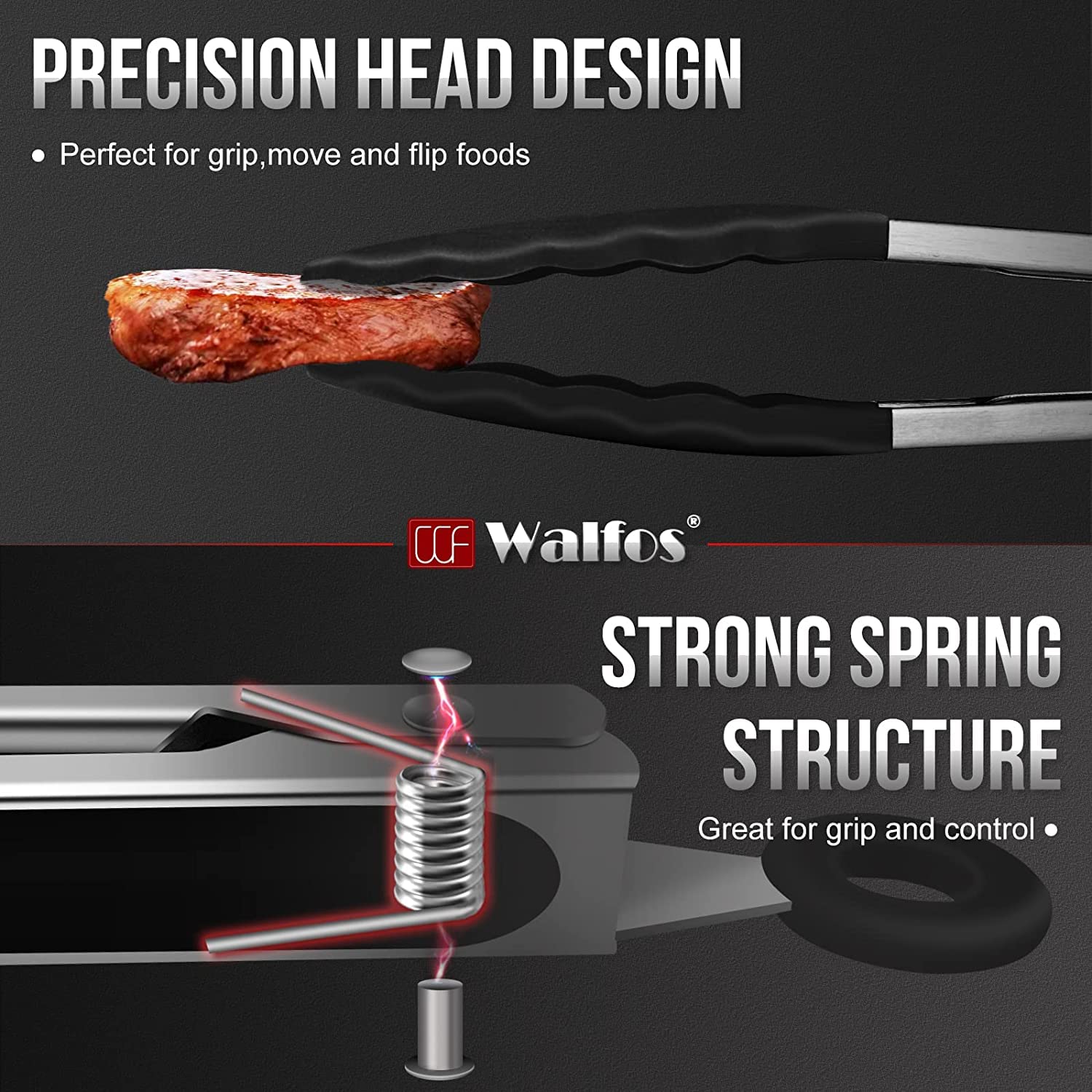 Walfos Silicone Tongs For Cooking - Heat Resistant Kitchen Tongs Set Of 3 For Cooking, Grilling, Turning, Stainless Steel And Bp