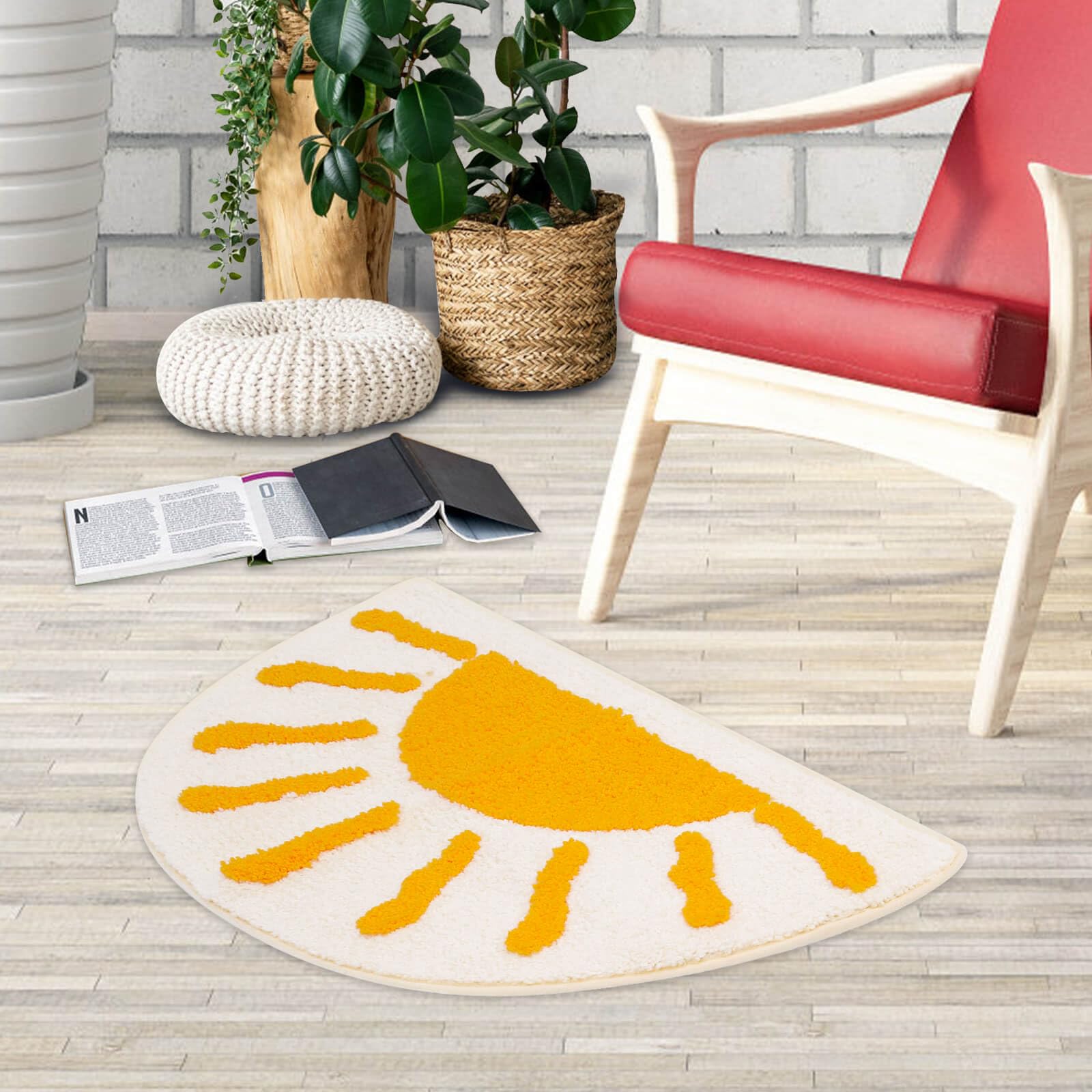Bathroom Rugs Mat Half Circle - Cute Sun Fun White Yellow Boho Bath Mats Non Slip, Soft Absorbent Microfiber Bohemian Rug, Semi