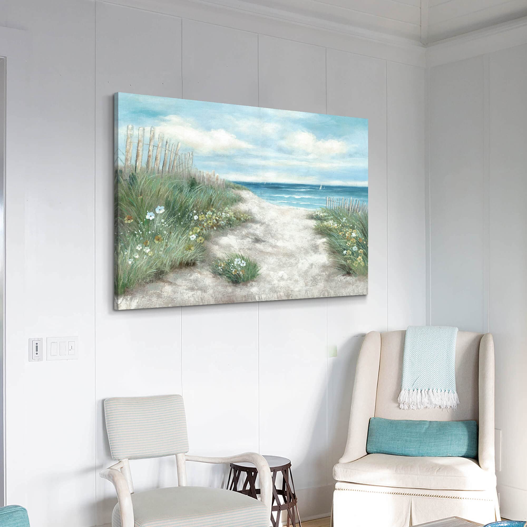 Wallsup Decor Abstract Beach Coastal Painting Canvas: Flower & Straw With Blue Sky Wall Art Seascape Artwork Picture For Living