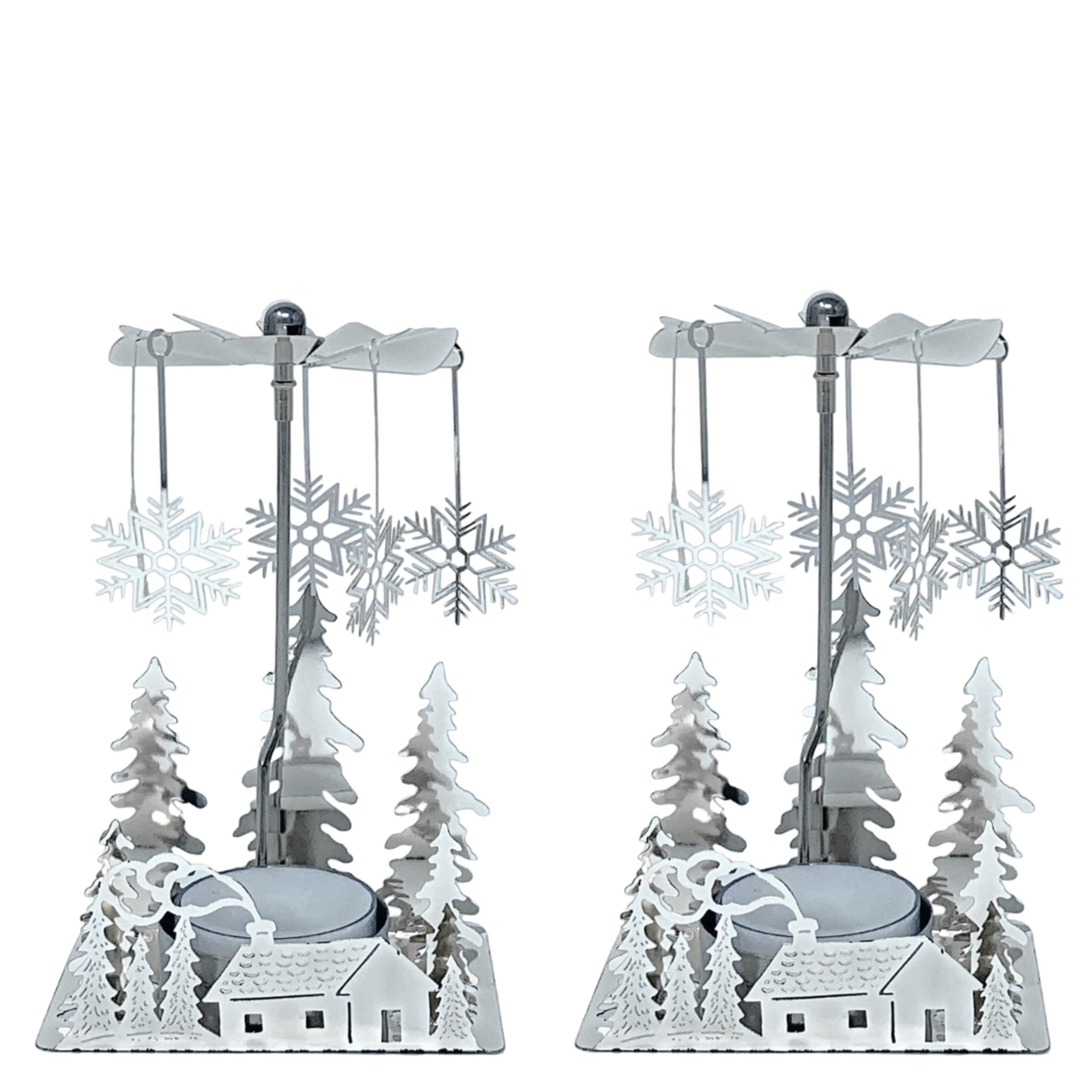 Winter Cabin Holiday Silver Candle Spinners - Silver Plated Laser Cut Winter Scene Cabin Trees Design with Snowflake Charms - Te