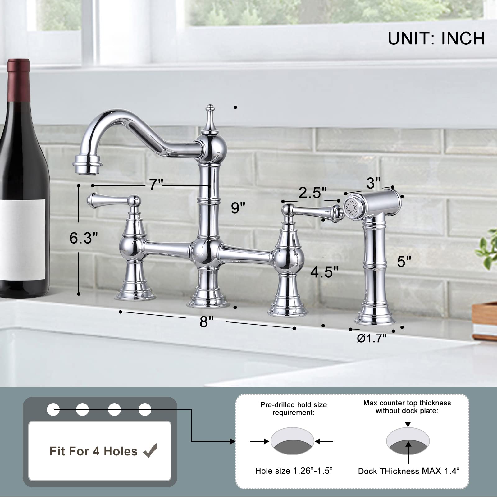 Wowow 4 Hole Kitchen Faucet With Sprayer, 8 Inch Centerset Brass Bridge Kitchen Faucet 2 Handle With Side Sprayer, Vintage Farmh