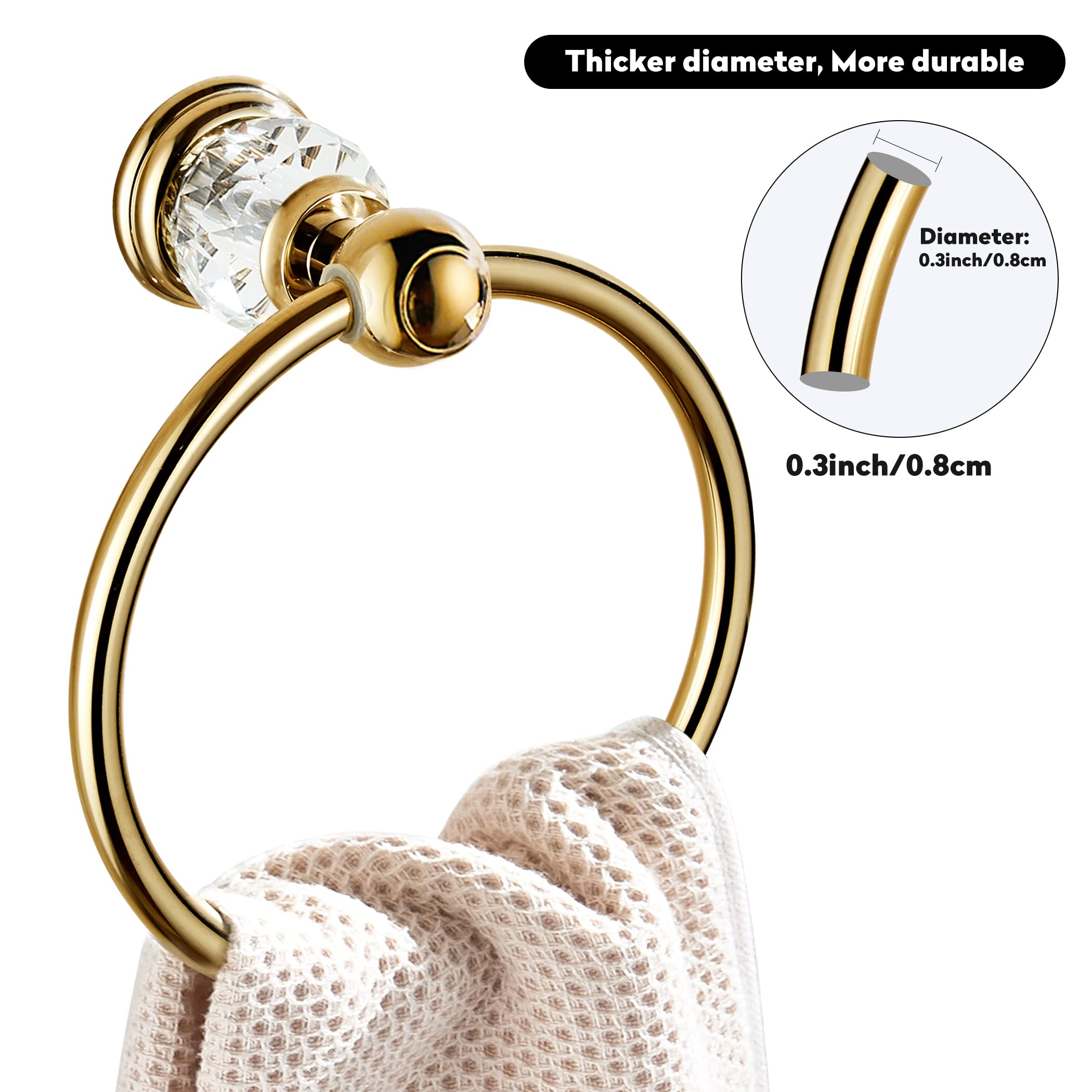 WINCASE Crystal Towel Ring  Gold Towel Holders for Bathrooms  Round Hand Towel Rack Wall Mounted Decorative