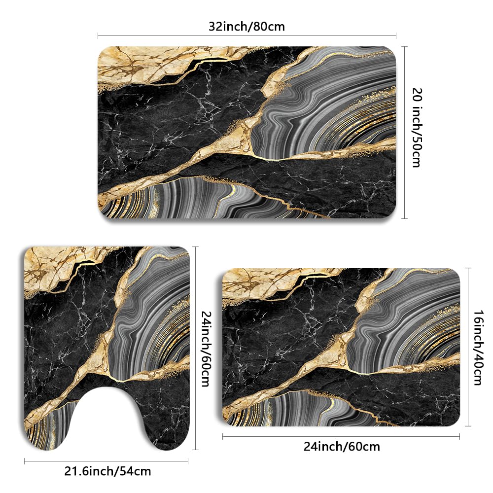 Muginyu Black And Gold Rug For Bathroom Decor,Black And Gold Bathroom Rugs Sets 3 Piece,Marble Decor Thin Rubber Diatomaceous Ea