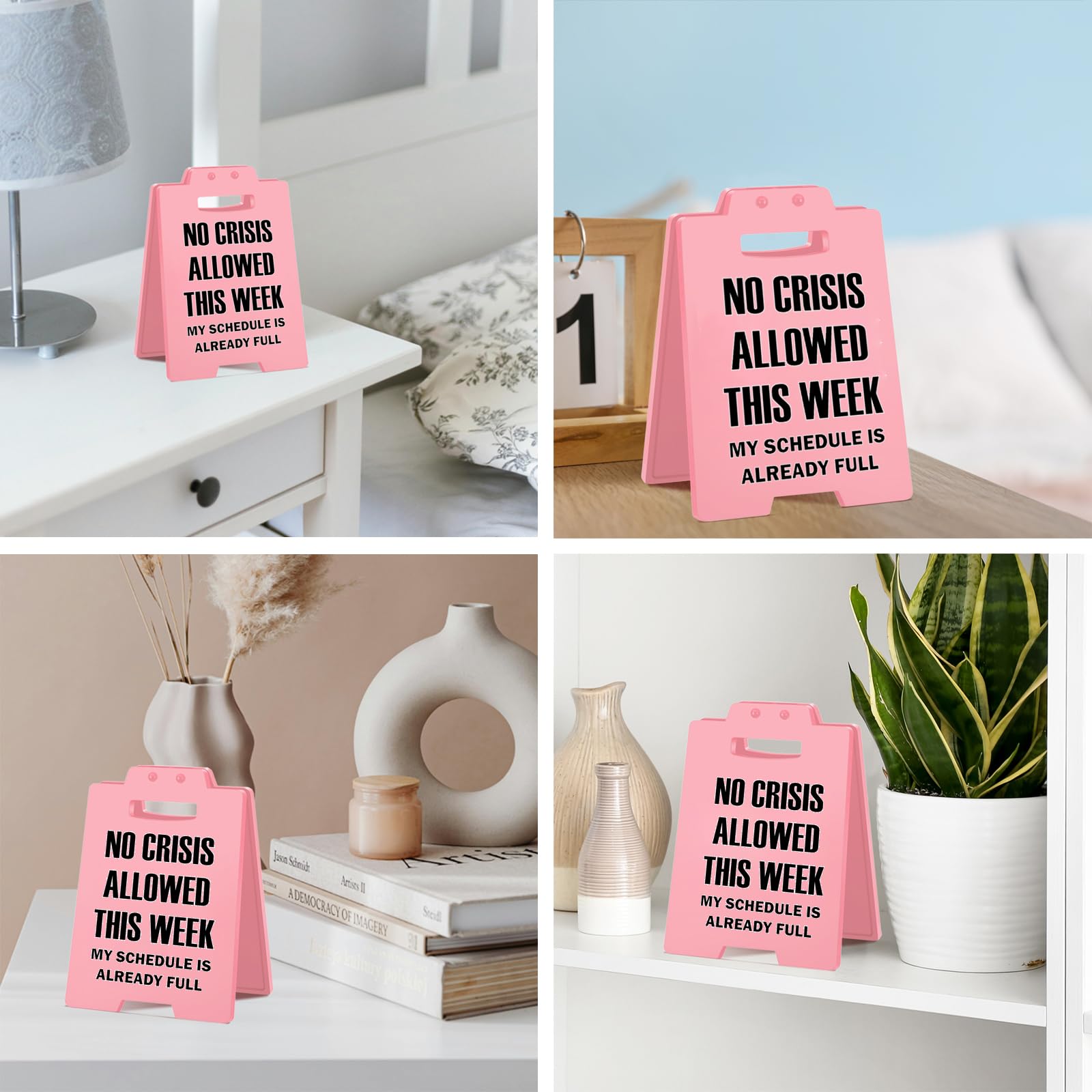 Funny Pink Desk Sign - NO CRISIS ALLOWED THIS WEEK Office Decor for Women - Cute Cubicle Sign, Work Desk Accessory, Gag Gift for