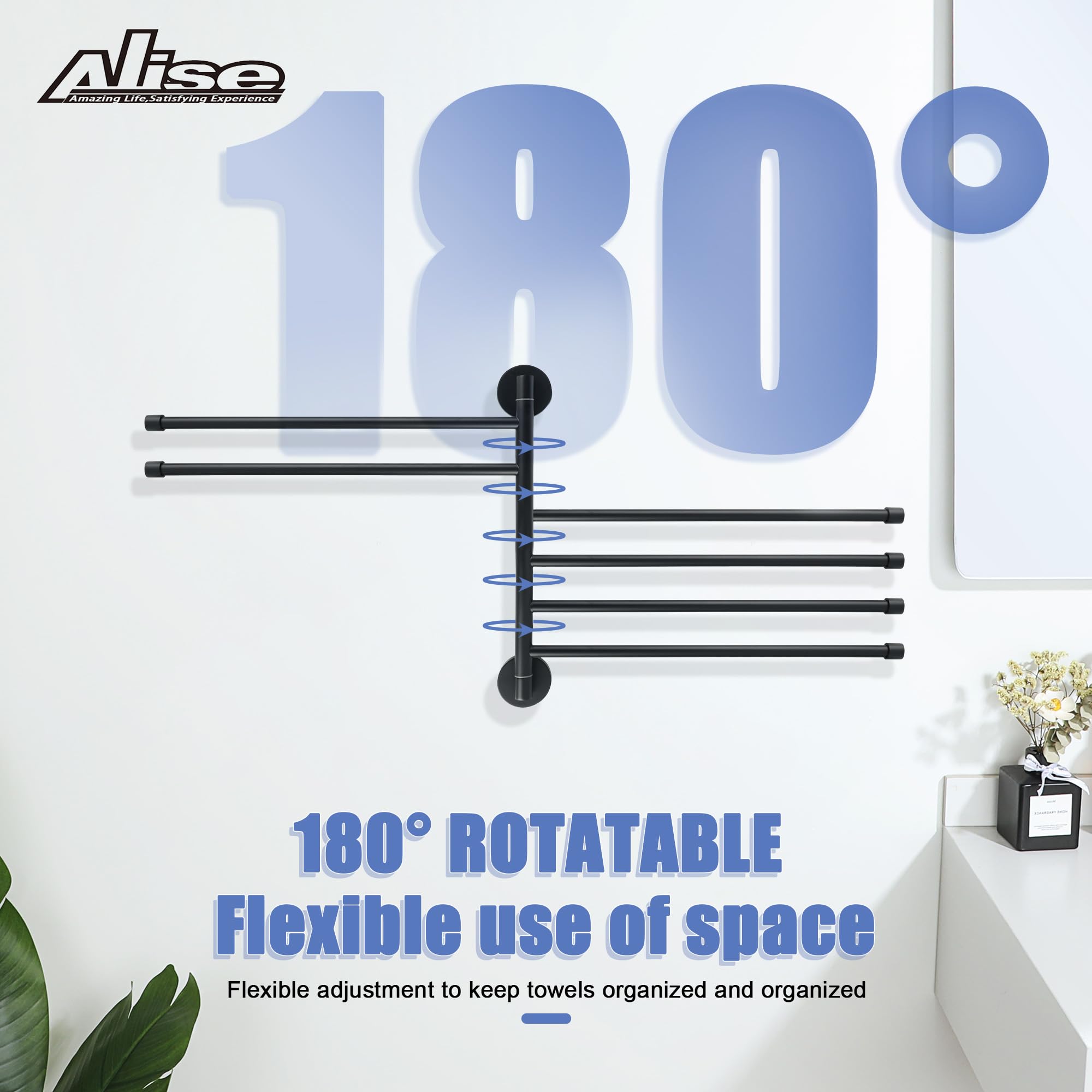 Alise Swivel Towel Rack Folding 6 Arms Hand Towel Bars Towel Hanger for Bathroom Wall Mount Drying Racks for Laundry SUS304 Stainless Steel Swing Out Towel Holder Storage Space Saving Matte Black