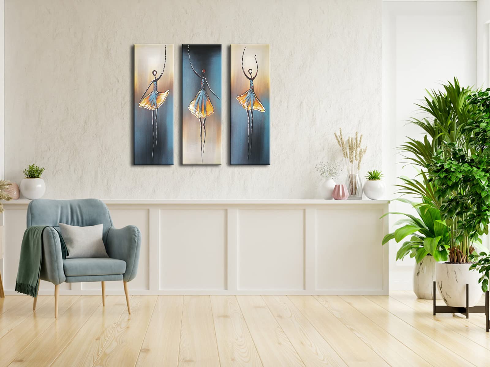 Wieco Art Dancing Girls Modern Large Contemporary 3 Panels 100% Hand Painted Stretched And Framed Ballet Dancers Oil Paintings O