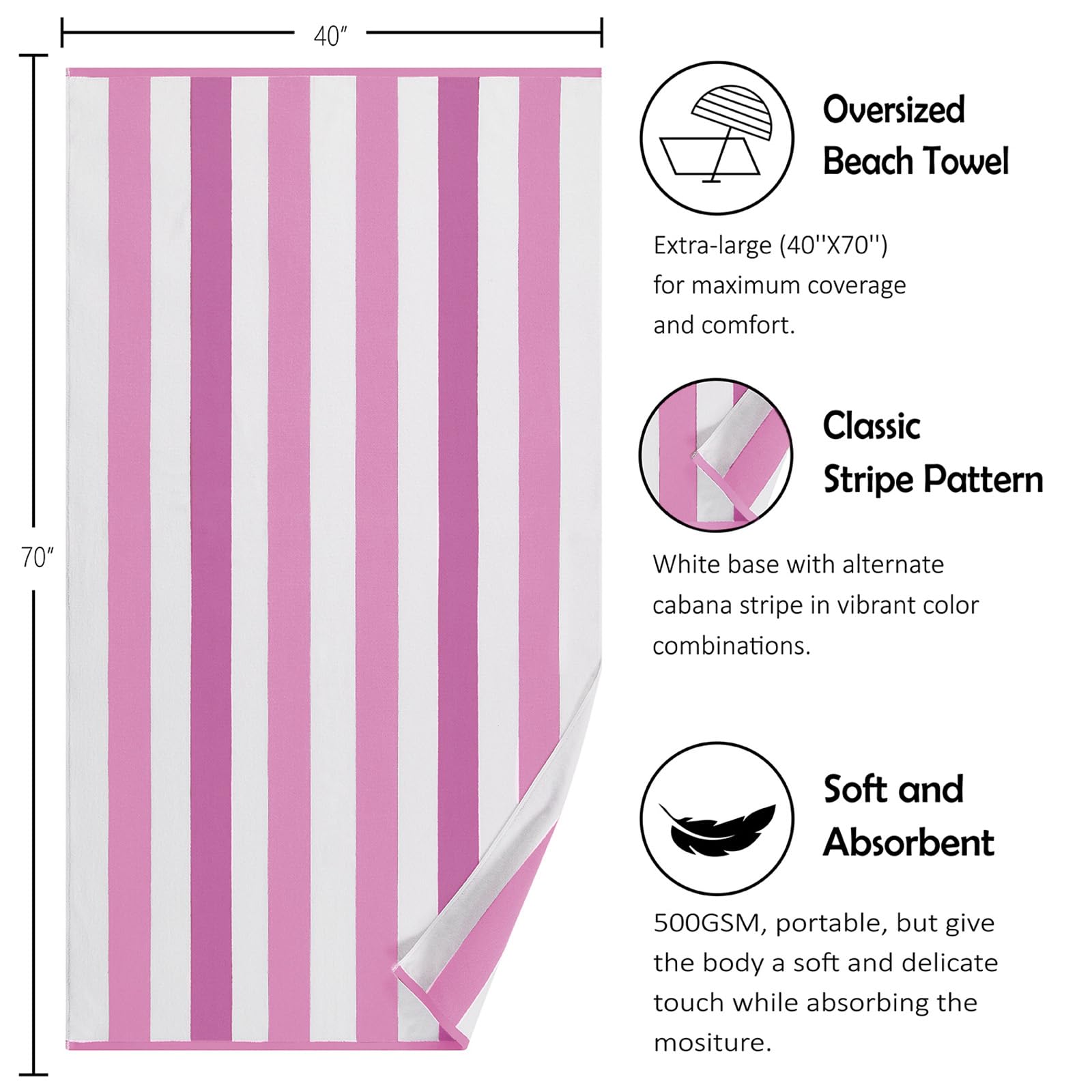 Bornbay Large Beach Towel Oversized - 40''X70'' Big Cute Beach Towels, Extra Large Thick Pink Beach Towels, Xl Wide Fluffy Swimm