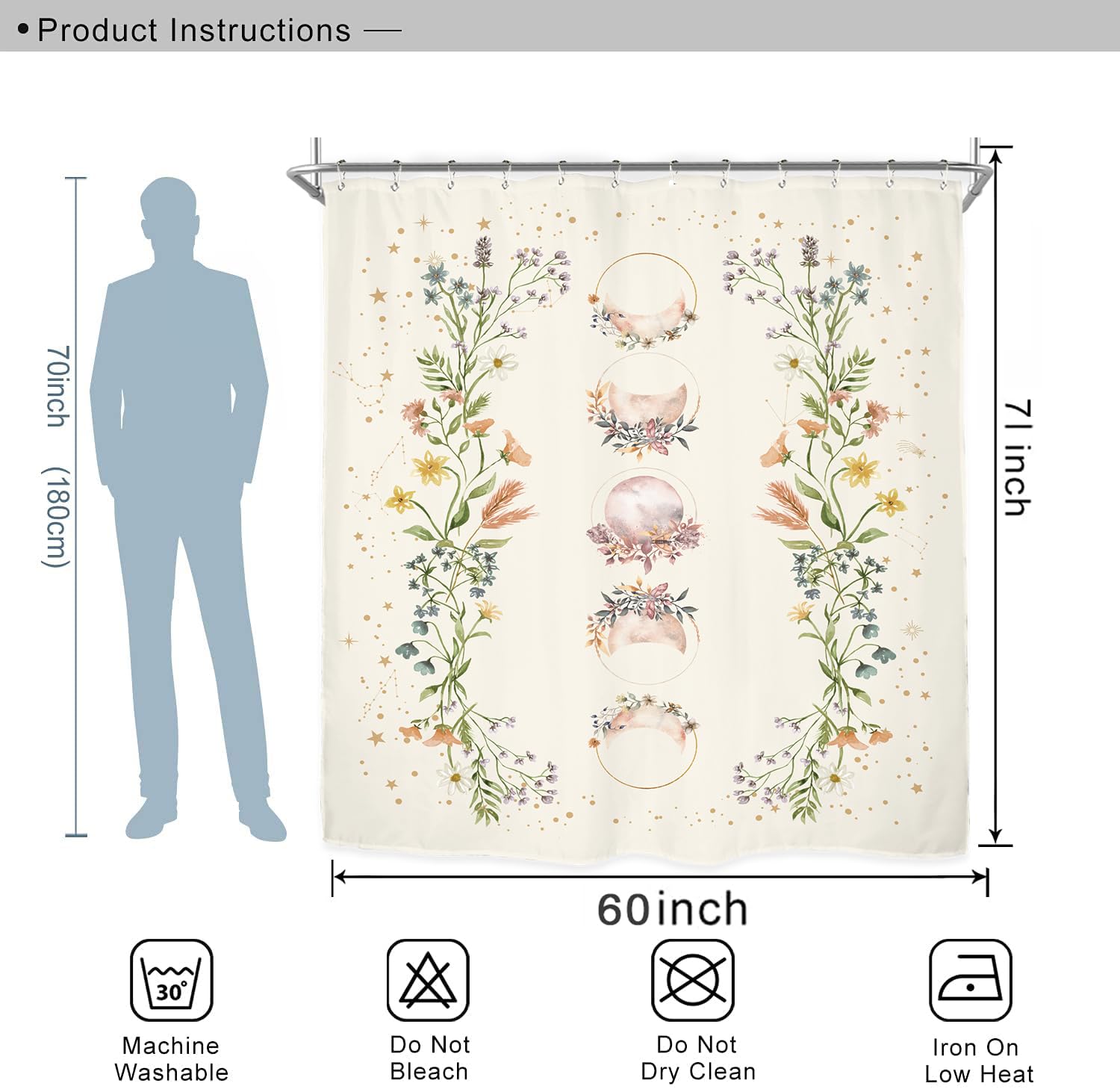 Miyotaa Moon Phase Shower Curtain Set 60Wx71H Inches Moonlit Herb Wildflower Witchy Celestial Flower Floral Botanical Tarot Bath