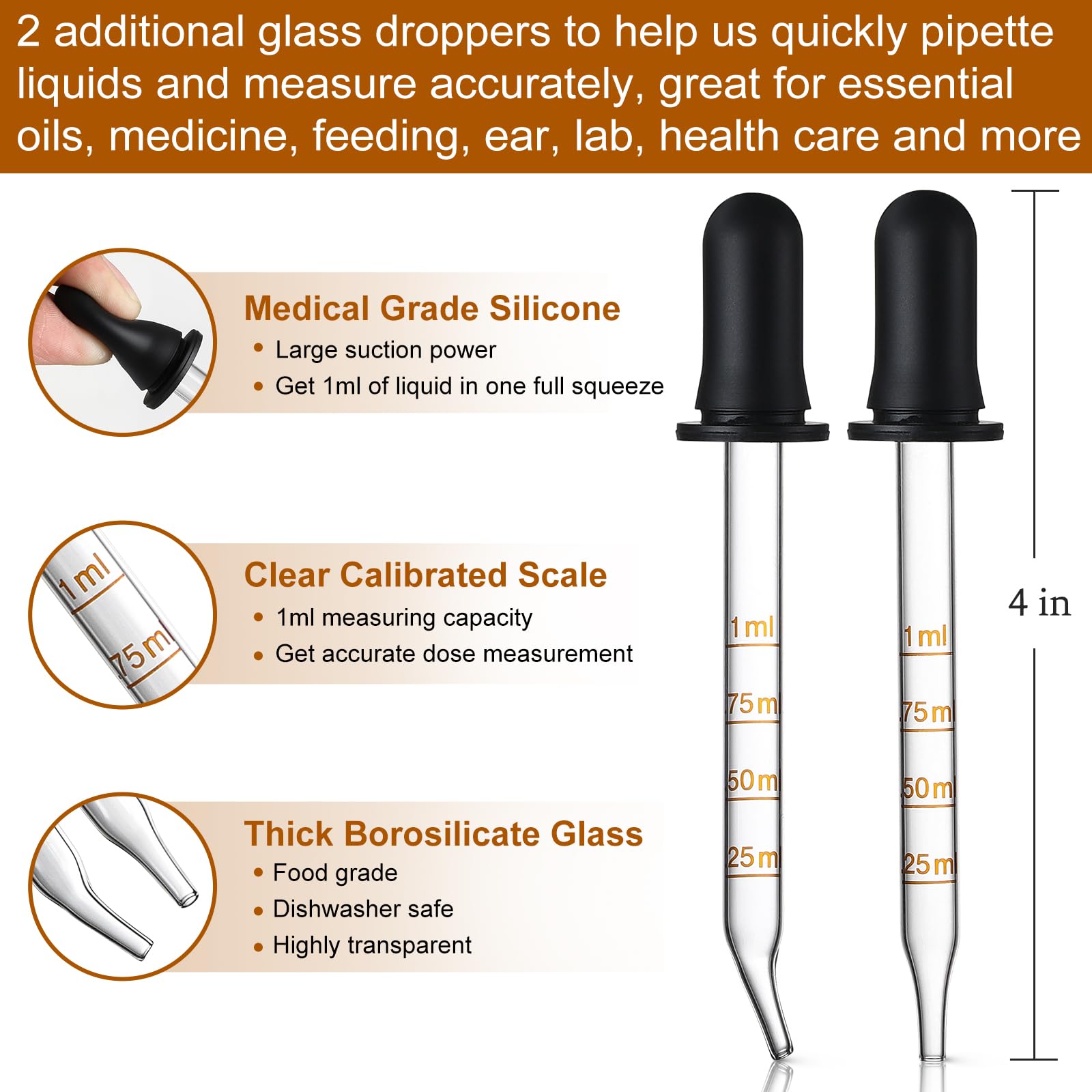 4 Pack, 1 Oz Amber Glass Dropper Bottles Plus 2Pcs Graduated Calibrated Glass Pipettes (1Ml)- 30Ml Dark Brown Tincture Bottles W