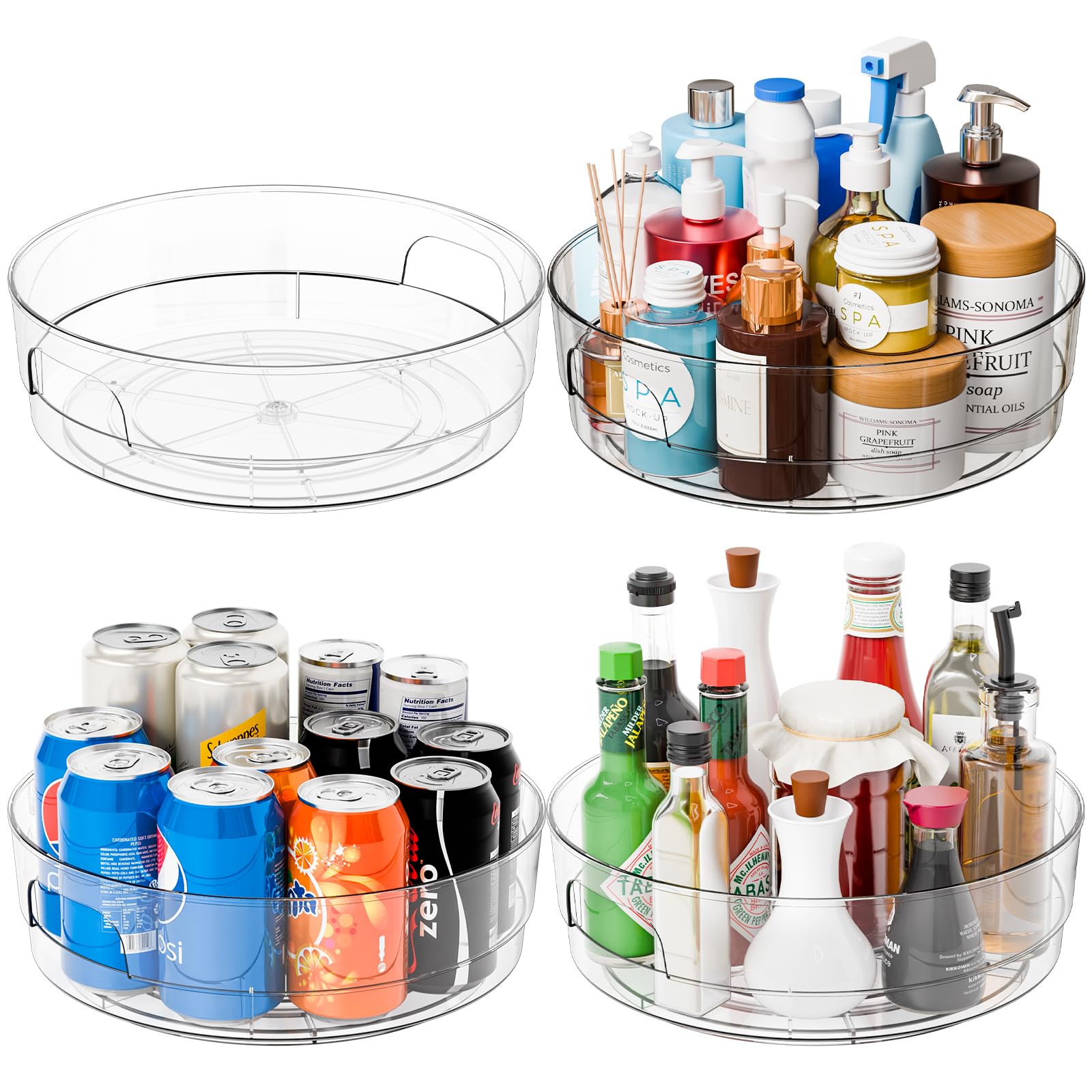 Yieach 4 Pack 12 W Clear Acrylic Lazy Susan Turntable for Cabinet,Refrigerator,Pantry and Kitchen  with Handle  Large Fridge 