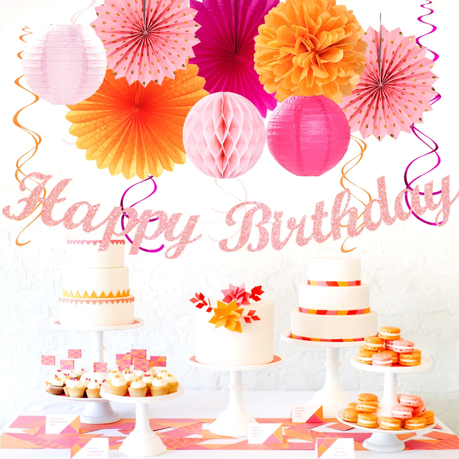 Hot-Pink Orange Fall Birthday Party-Decorations - 21Pcs Autumn Women Peach Happy Banner,Girls Groovy Paper Streamers Lanterns Ho