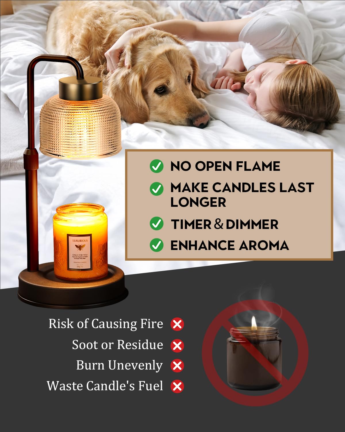 Funistree Candle Warmer Lamp - Dimmable Brightness, Timer, Black & Gold, Glass - Ideal Housewarming & Christmas Gift for Women & Moms