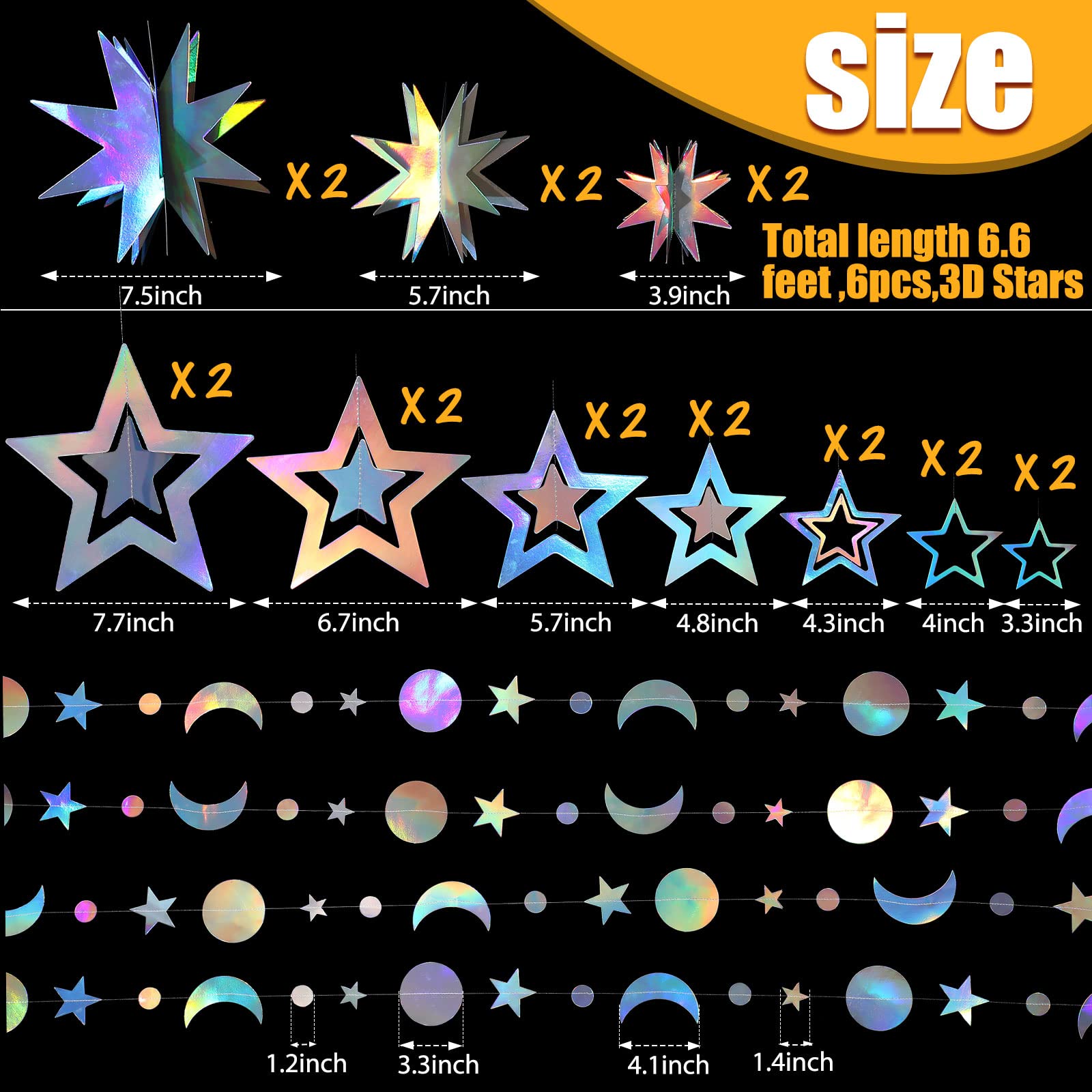 7 Pcs Iridescent Moon Star Garland Streamer, Bling Bling 3D Twinkle Little Stars Hanging Decor Backdrop For Baby Shower Birthday