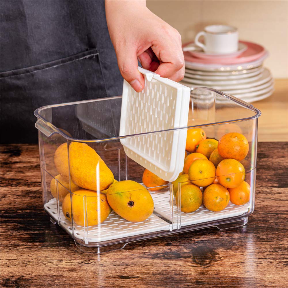 Slideep 9'' Food Storage Containers, 2 Tier Stackable Fridge Produce Saver With Lids, Removable Drain Tray Drawers Refrigerator