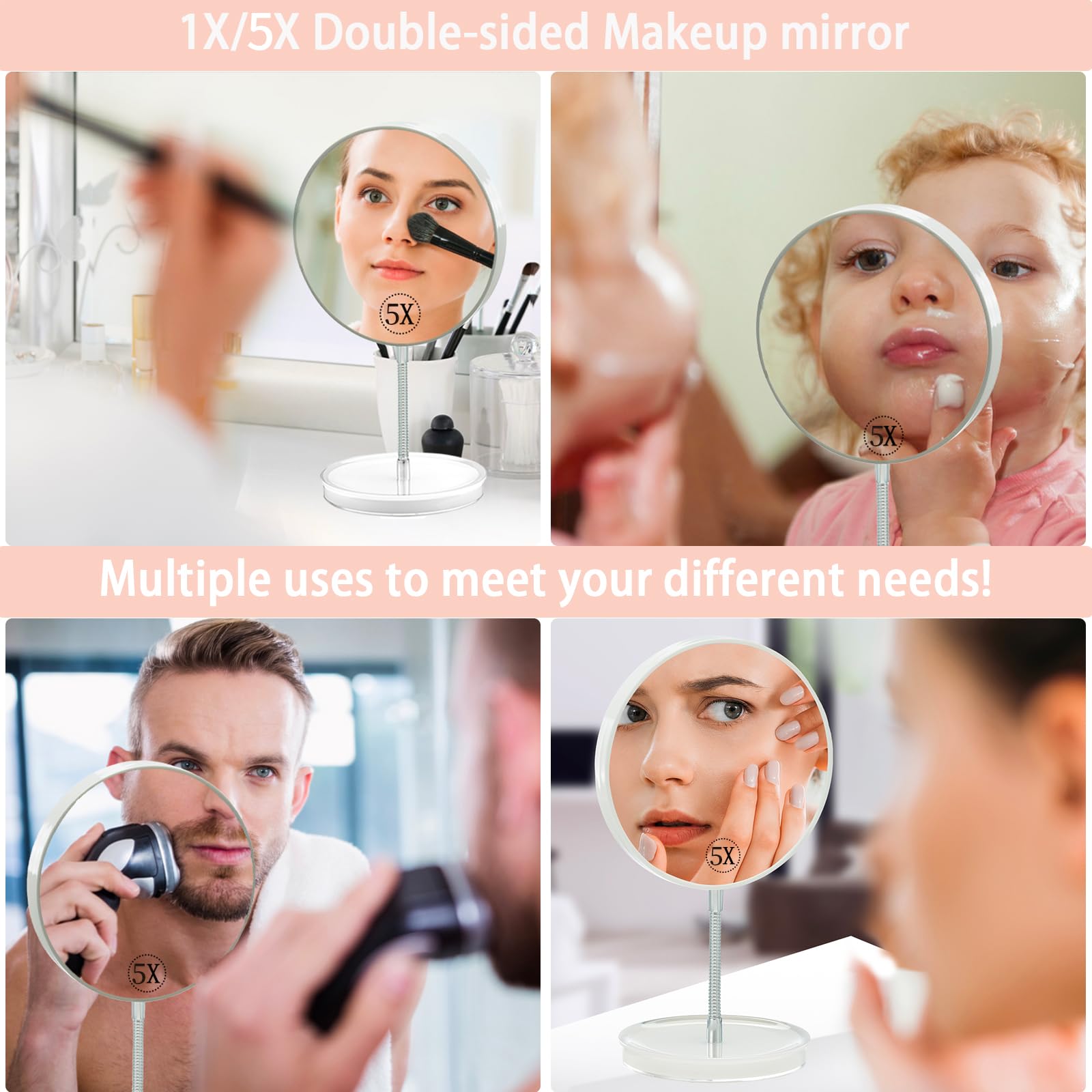 Jasefa 1x/5x Magnifying Makeup Mirror with Stand, Magnified 6 Double Sided Desk Table Mirror,180 Rotation Tabletop Cosmetic Mirr