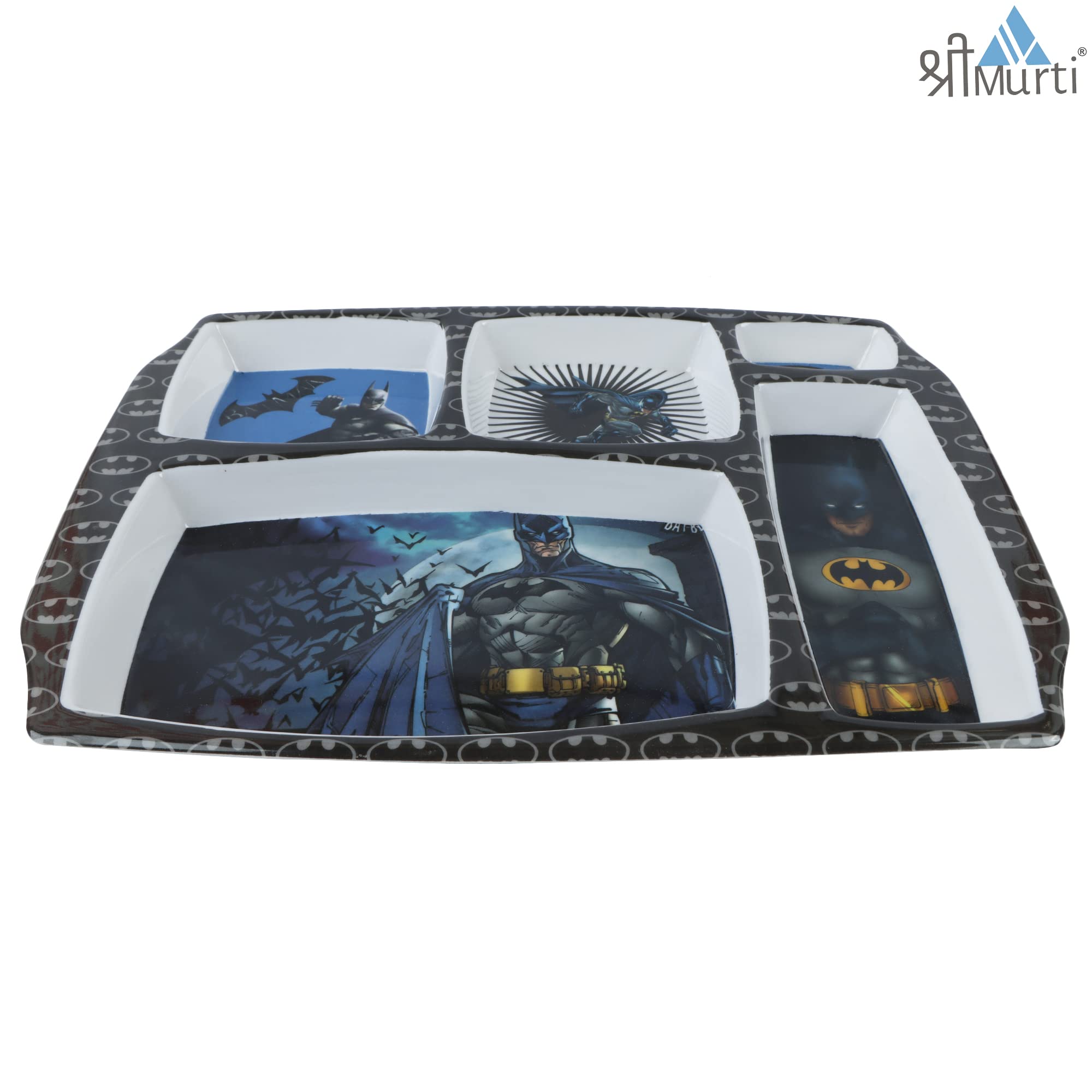 Shree Murti Melamine Rectangular Dinner Plate with 5 Sectioned Funny Cartoon Printed Plate (Batman) |Perfect Gifting for Navratr