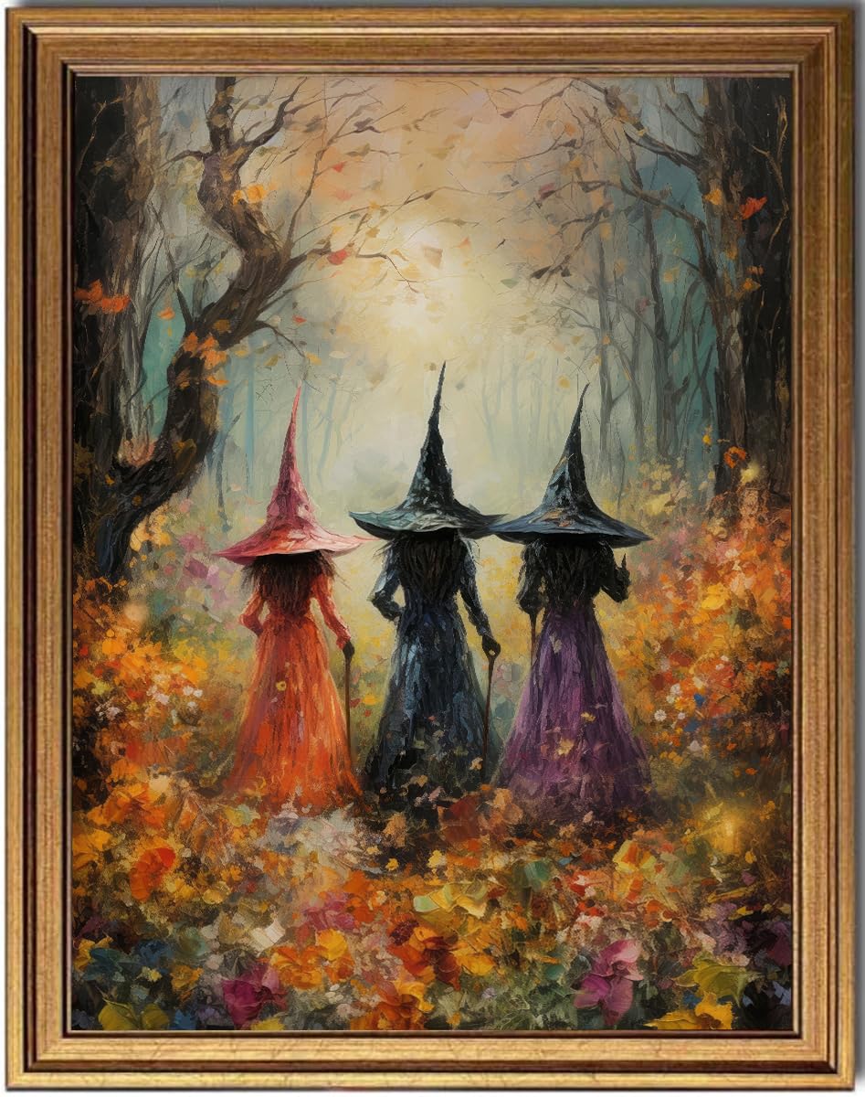 Kbkbart Gold Framed Halloween Room Decor Wall Art Prints, Vintage Witch Halloween Posters Decor, Fall Aesthetic Halloween Pictur