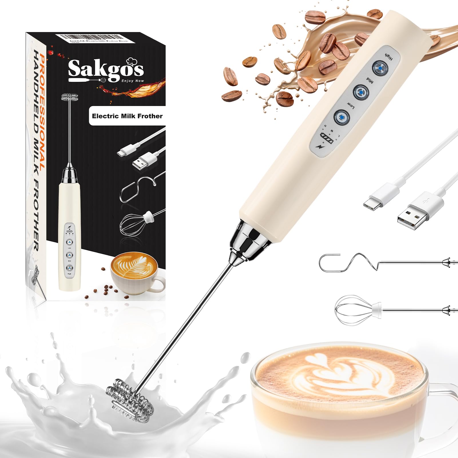 Sakgos Rechargeable Milk Frother Handheld (Without Stand, Beige)
