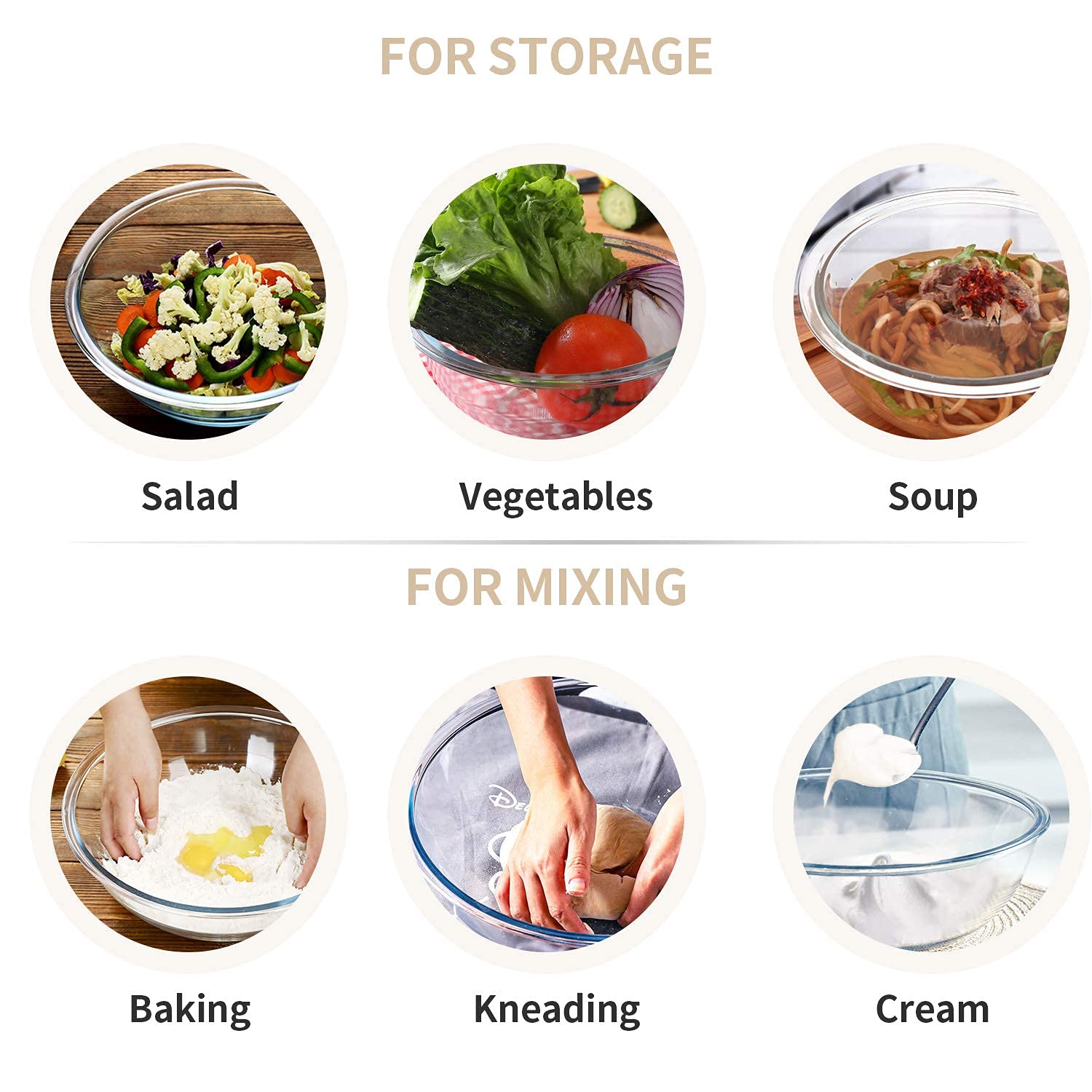 Luvan Glass Mixing Bowl With Airtight Lids, (1Qt, 1.5Qt, 2.5Qt, 3.7Qt), 8-Piece Kitchen Salad Bowls Clear Nesting Big Cooking Bo