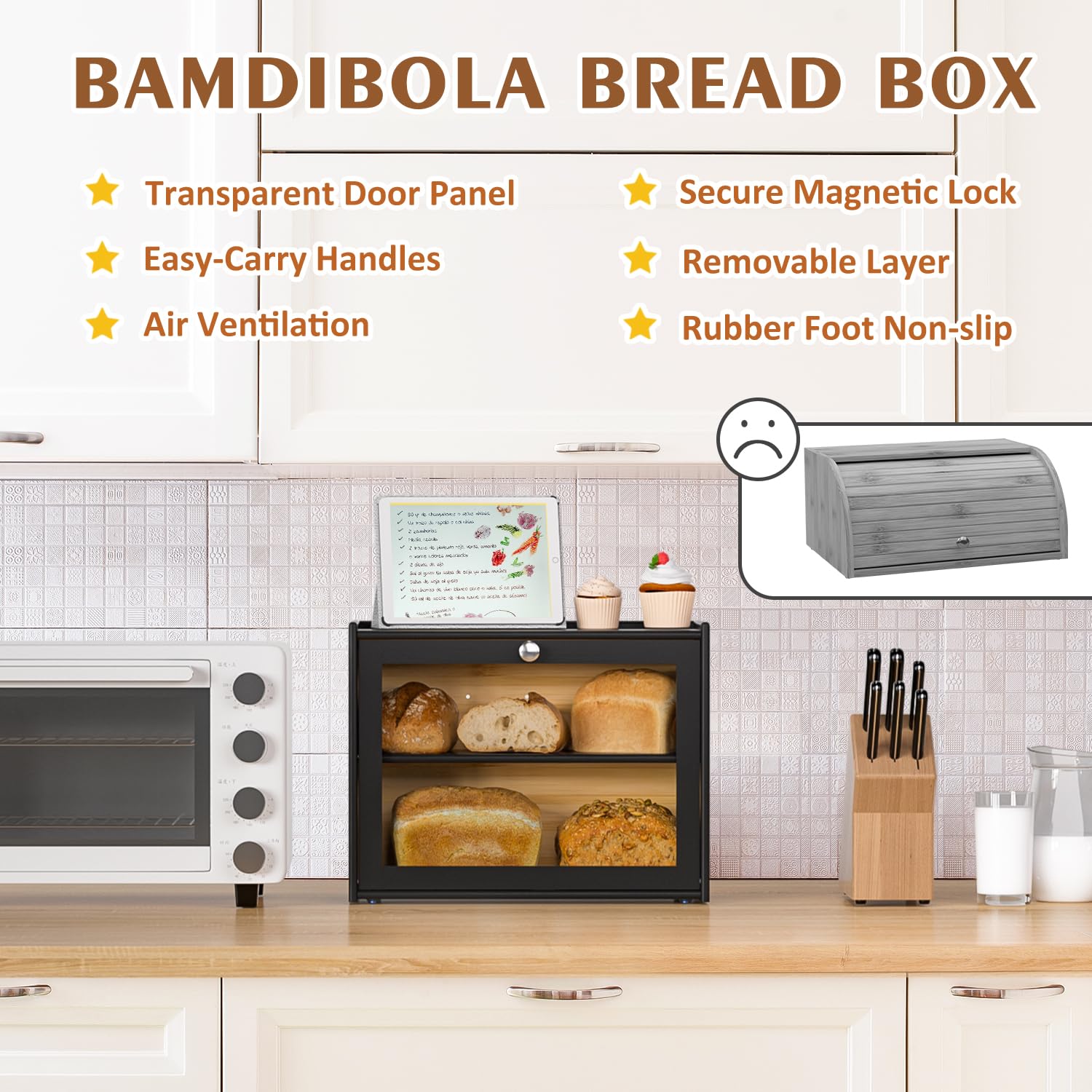 Bread Box For Kitchen Countertop, Double-Layers Large Bread Container With Transparent Door,Easy-Carry Assembled Bread Storage&M