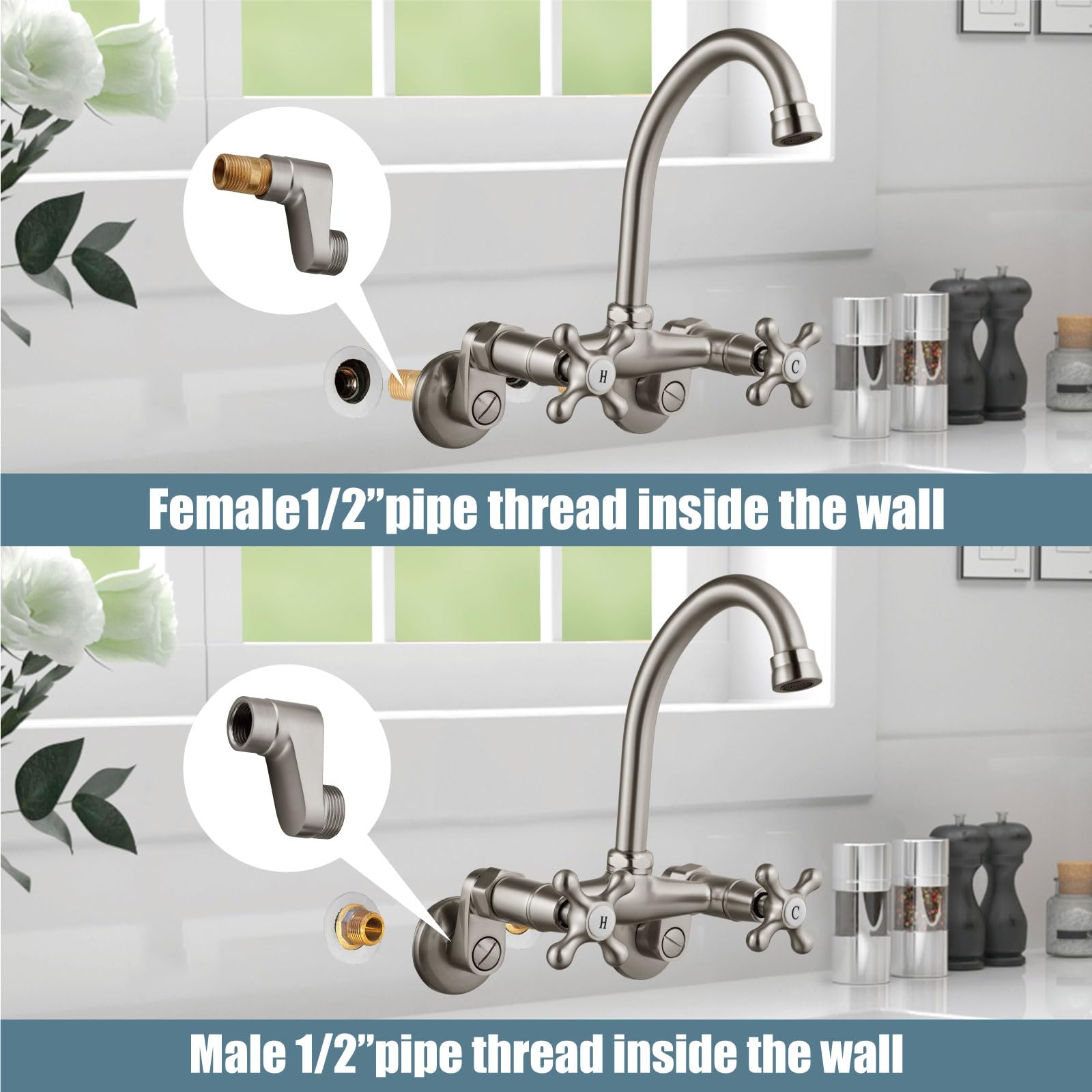 Aolemi Wall Mount Kitchen Faucet 6 Inch Center With Swivel Spout Adjustable Spread 2 Cross Handle Basin Sink Mixer Tap, Brushed