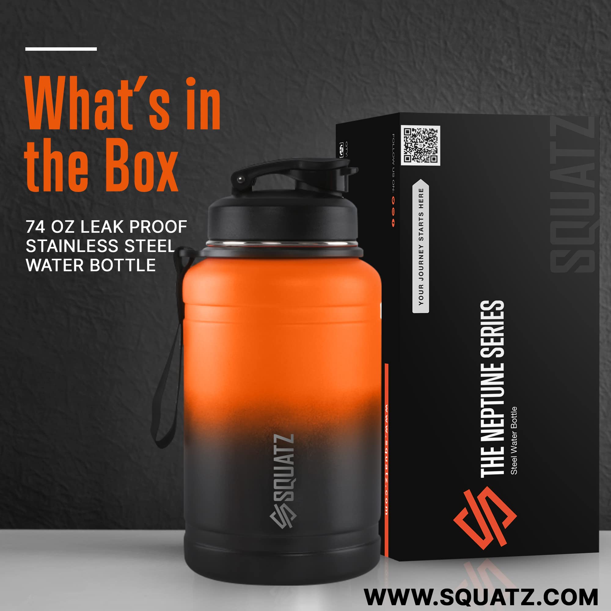 Squatz 74 Oz Neptune Series Steel Water Bottle, Stainless Double Wall Vacuum Insulated Jug With Handle Strap, Large Capacity Lea