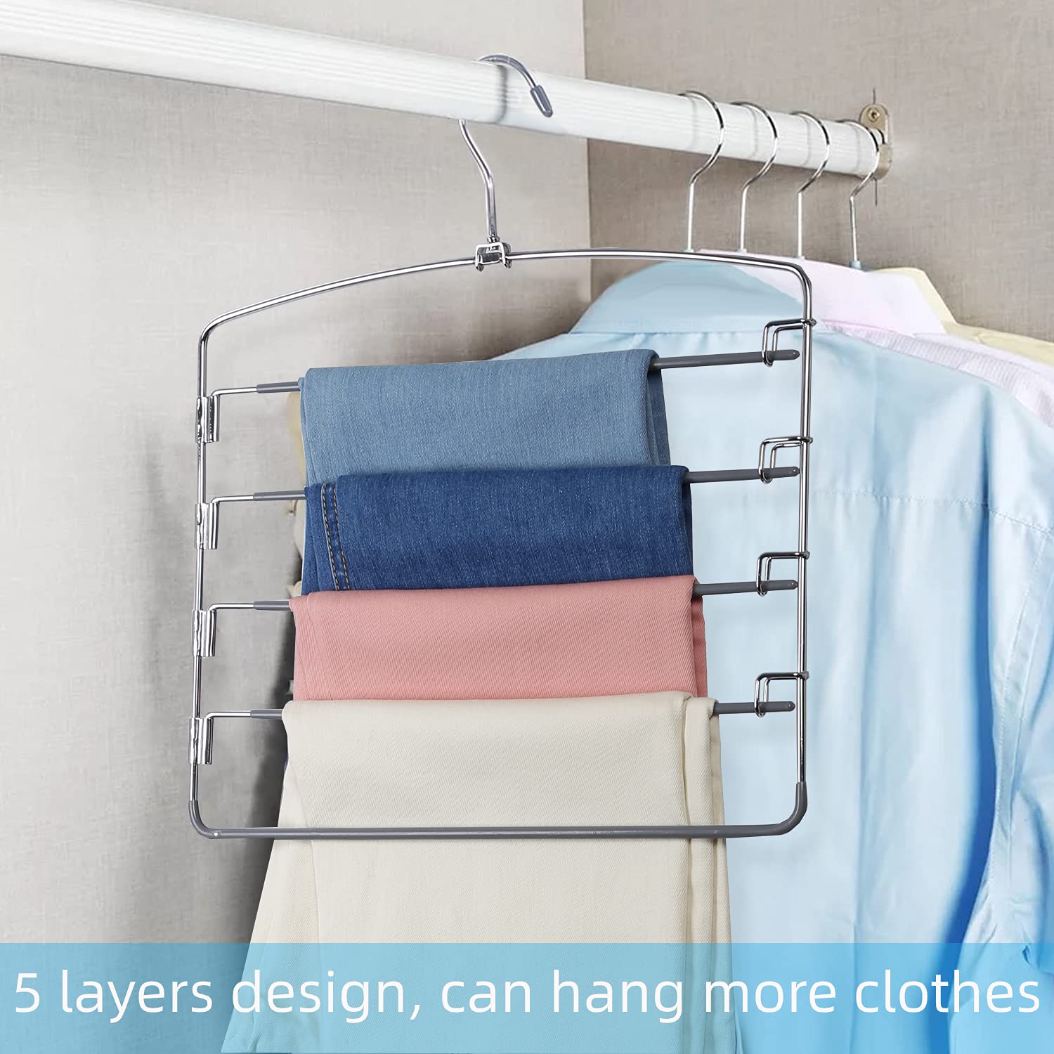 Feerahozer Pants Hangers Space Saving 3 Pack No Slip 5 Layers Multi Functional Pants Rack Stainless Steel Swing Arm Space Saver