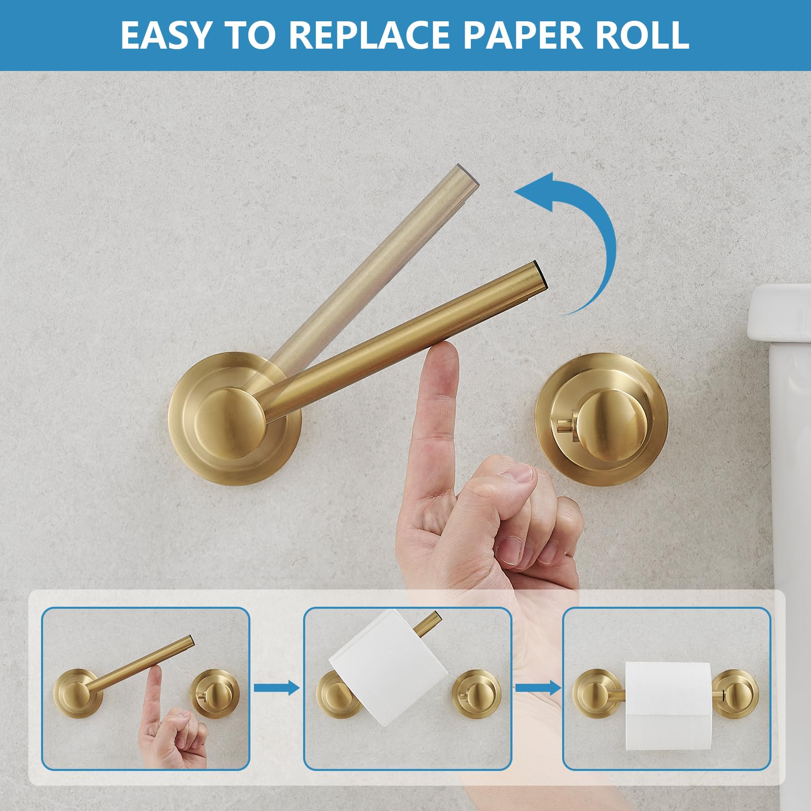 Rumose Toilet Paper Roll Holder Bathroom Flexible Pivoting Tissue Handle On Wall Mounted Brushed Gold Rustproof Toilet Tissue Ro