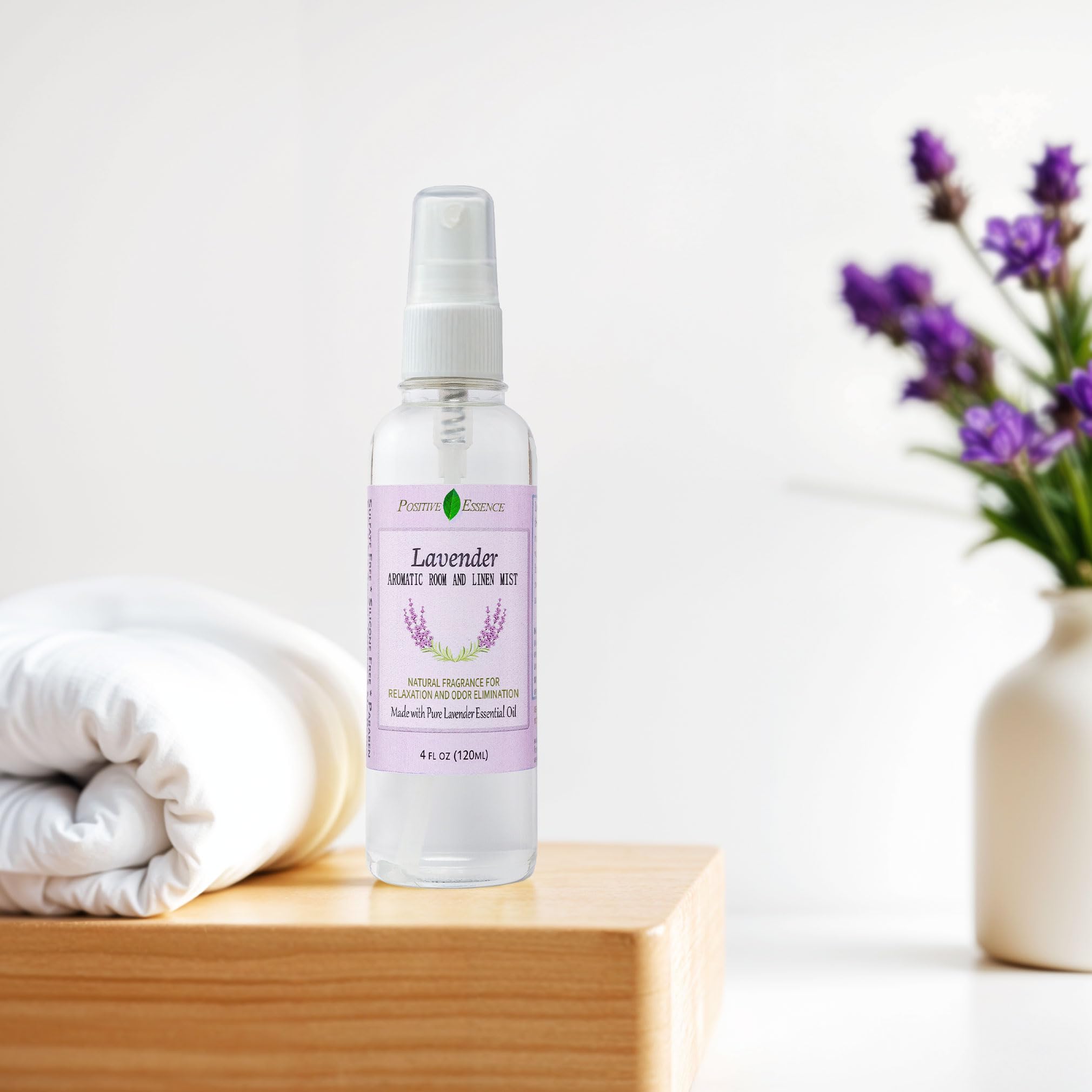 Positive Essence Lavender Linen Spray, 4 Fl Oz - Natural Aromatherapy Fabric Spray for Relaxation & Odor Elimination