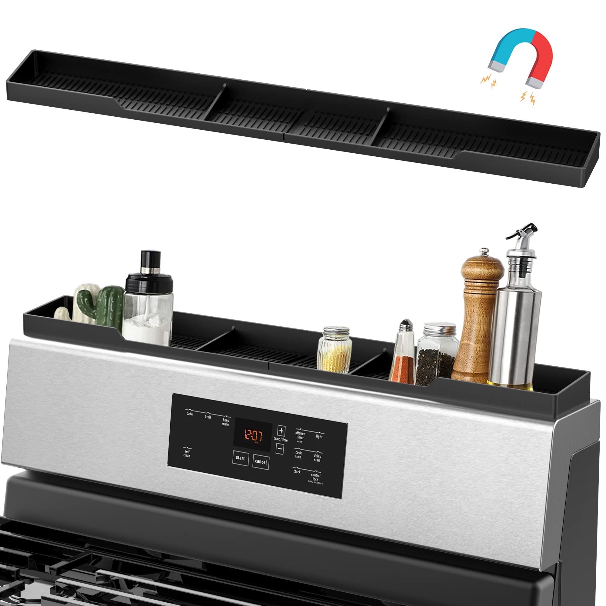 AWOKE Stove Top Shelf 30 Inch - Silicone Material Magnetic Shelf for Stove - 3 Functional Partitions Kitchen Spice Rack Organize