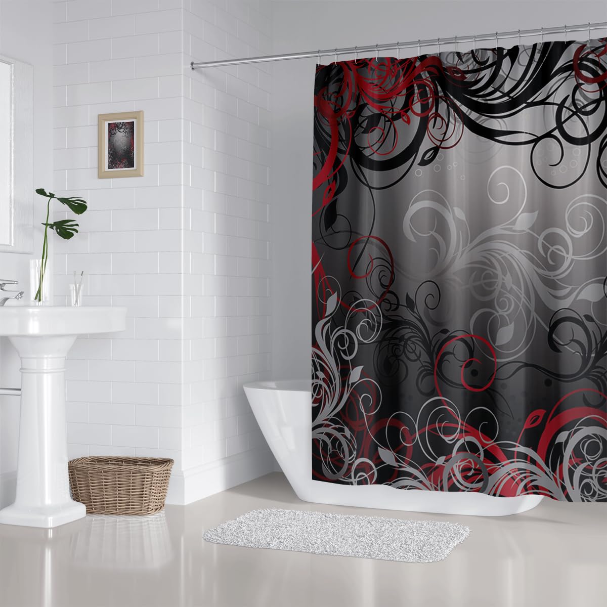Zxmbf Red And Black Shower Curtain Mystic Magical Forest Modern Inspired Floral Swirls Leaves Bath Curtain Waterproof Fabric Bat