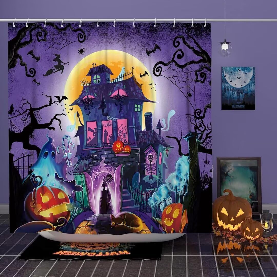 Nbvko Halloween Purple Castle Pumpkin Waterproof Shower Curtain,With Non-Slip Rugs,Toilet Lid Cover And Bath Mat,Bathroom Shower