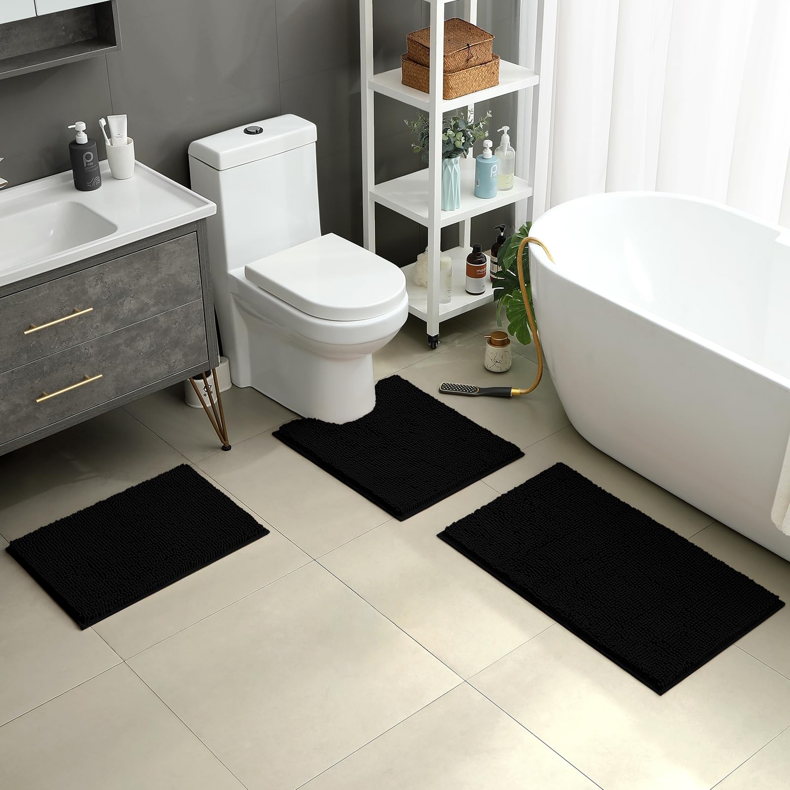 HOMEIDEAS 3 Pieces Bathroom Rugs  Ultra Soft Non Slip Absorbent Chenille Toilet Bath Mat Set (Black)