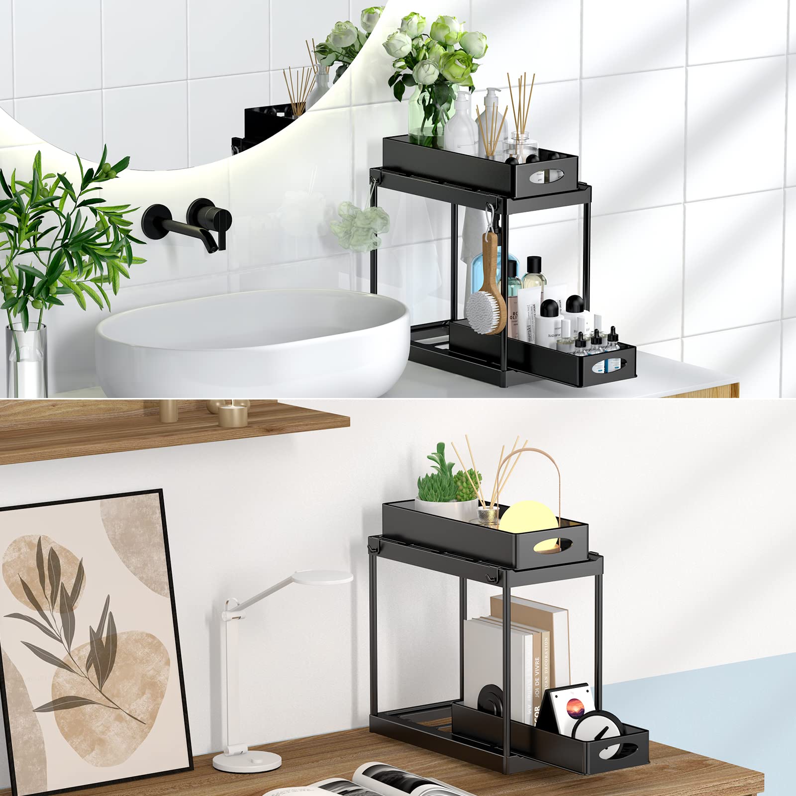 Under Sink Organizer And Storage, 2 Tier Under Sink Organizer With Sliding Pull Out Drawer For Kitchen Bathroom Cabinet Shelf Ba