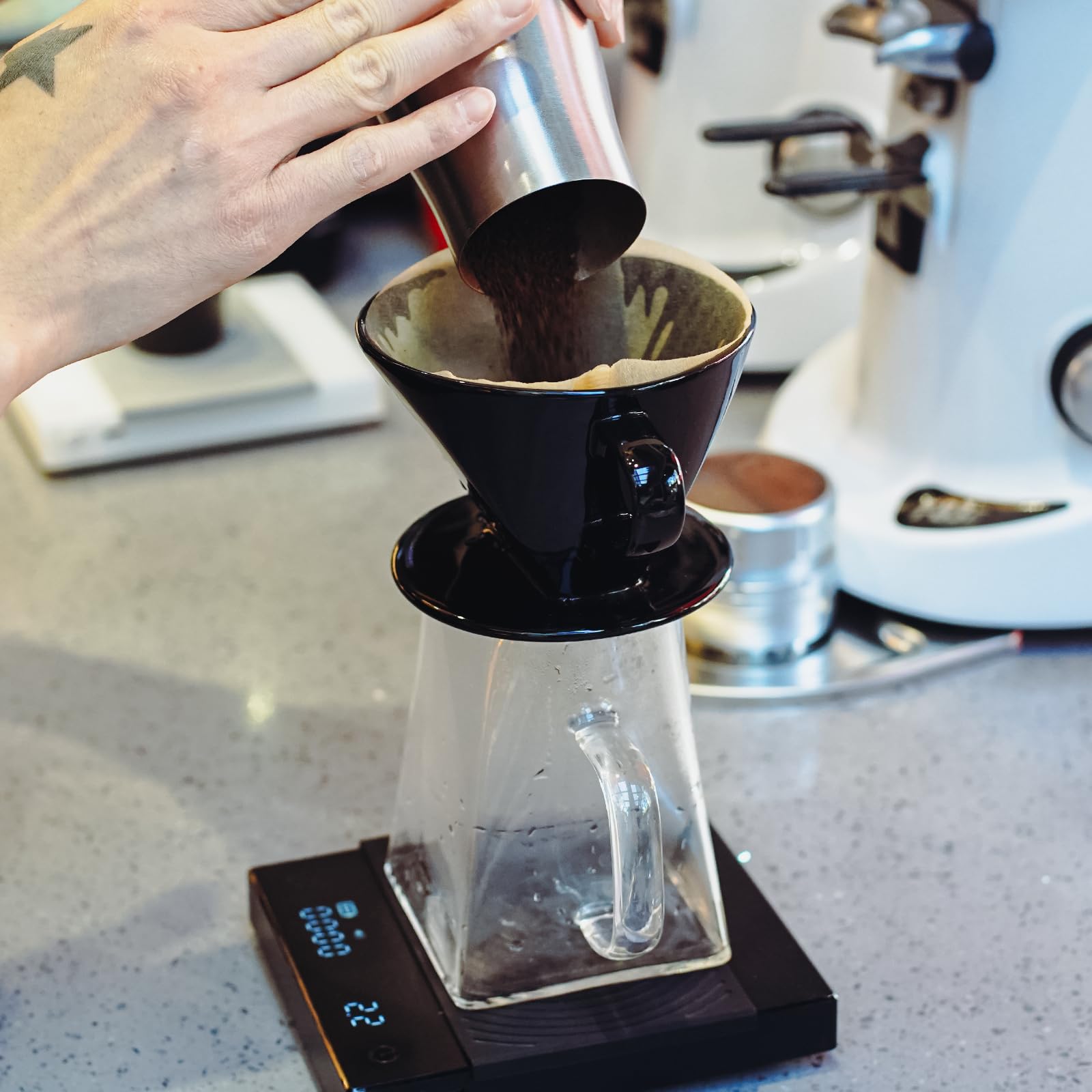 Pour Over Coffee Dripper Set By Crosscreek With Heat-Resistance Black Cone Ceramic Dripper, Glass Square Carafe, 30Pcs #2 Paper