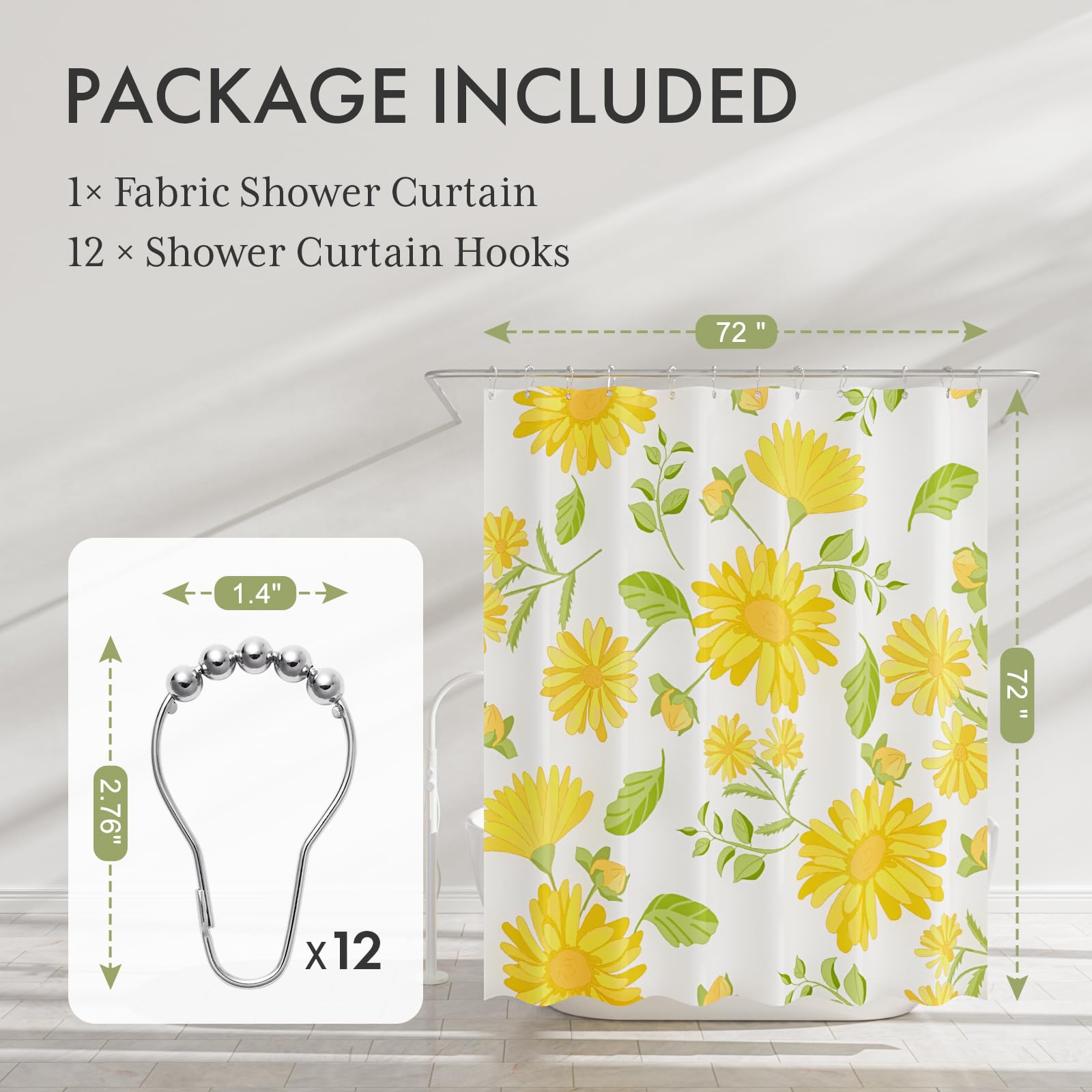 AmazerBath Floral Shower Curtain  Washable Cloth Shower Curtain Sets with 12 Shower Curtain Hooks  Fabric Rustic Yellow Gerbera Flower Eucalyptus Fall Shower Curtains for Bathroom Decor  72x72 Inches