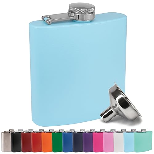 Clear Water Home Goods - 6 Oz Powder Coated Stainless Steel Hip Flask - Wedding Party - Groomsman - Bridesmaid (Matte Light Blue