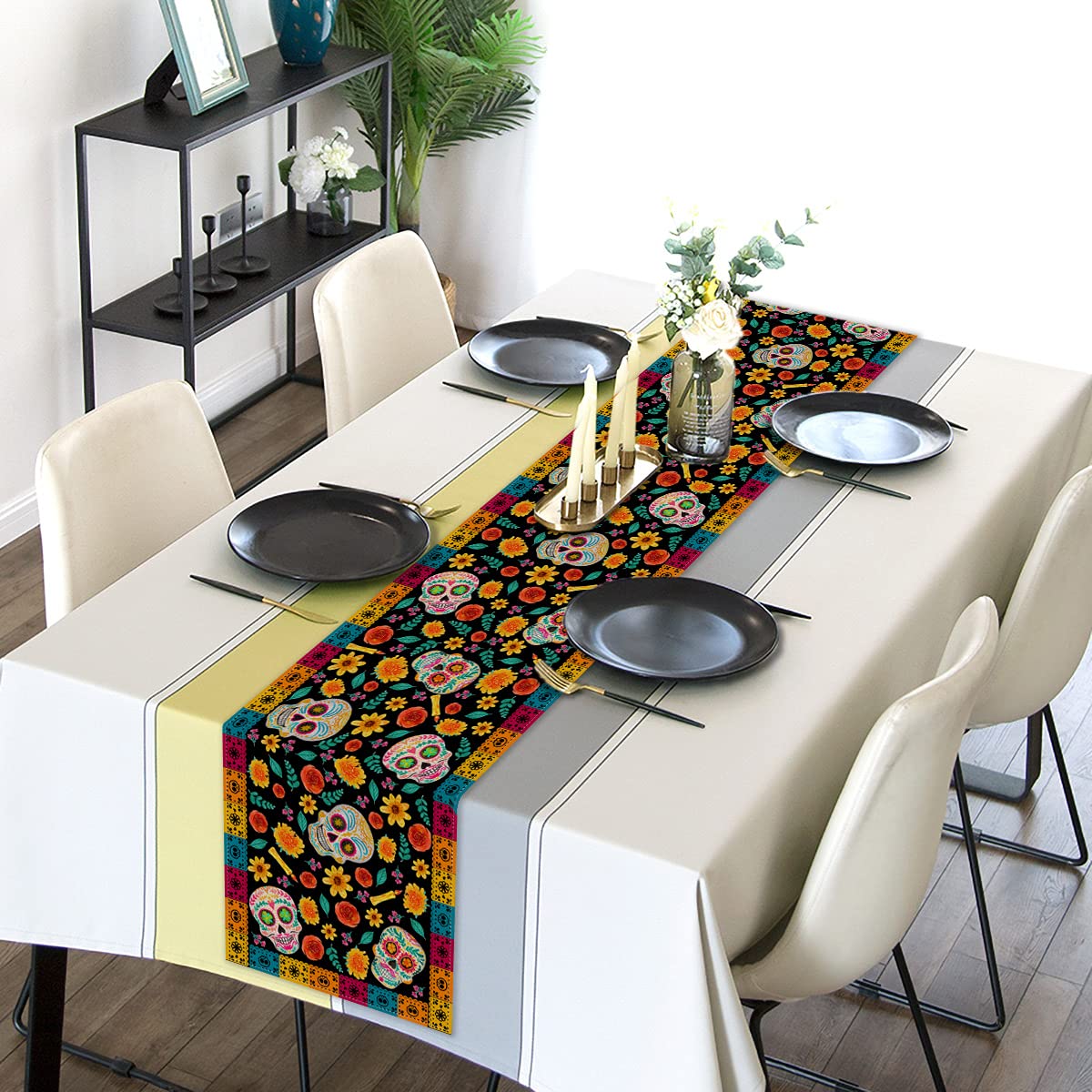 Dia De Los Muertos Table Runner Linen Mexican Sugar Skull Day Of The Dead Altar Decoration For Home Kitchen Dining Room (13'' X