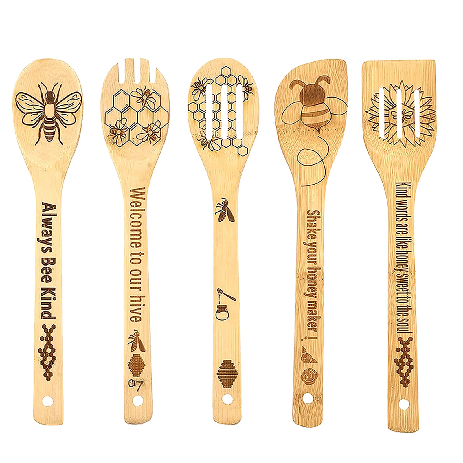 5Pcs Bee Wooden Cooking Spoons Set Natural Bamboo Wooden Spoons For Cooking, Spatula Set, Wooden Utensils For Cooking, Bamboo Ut