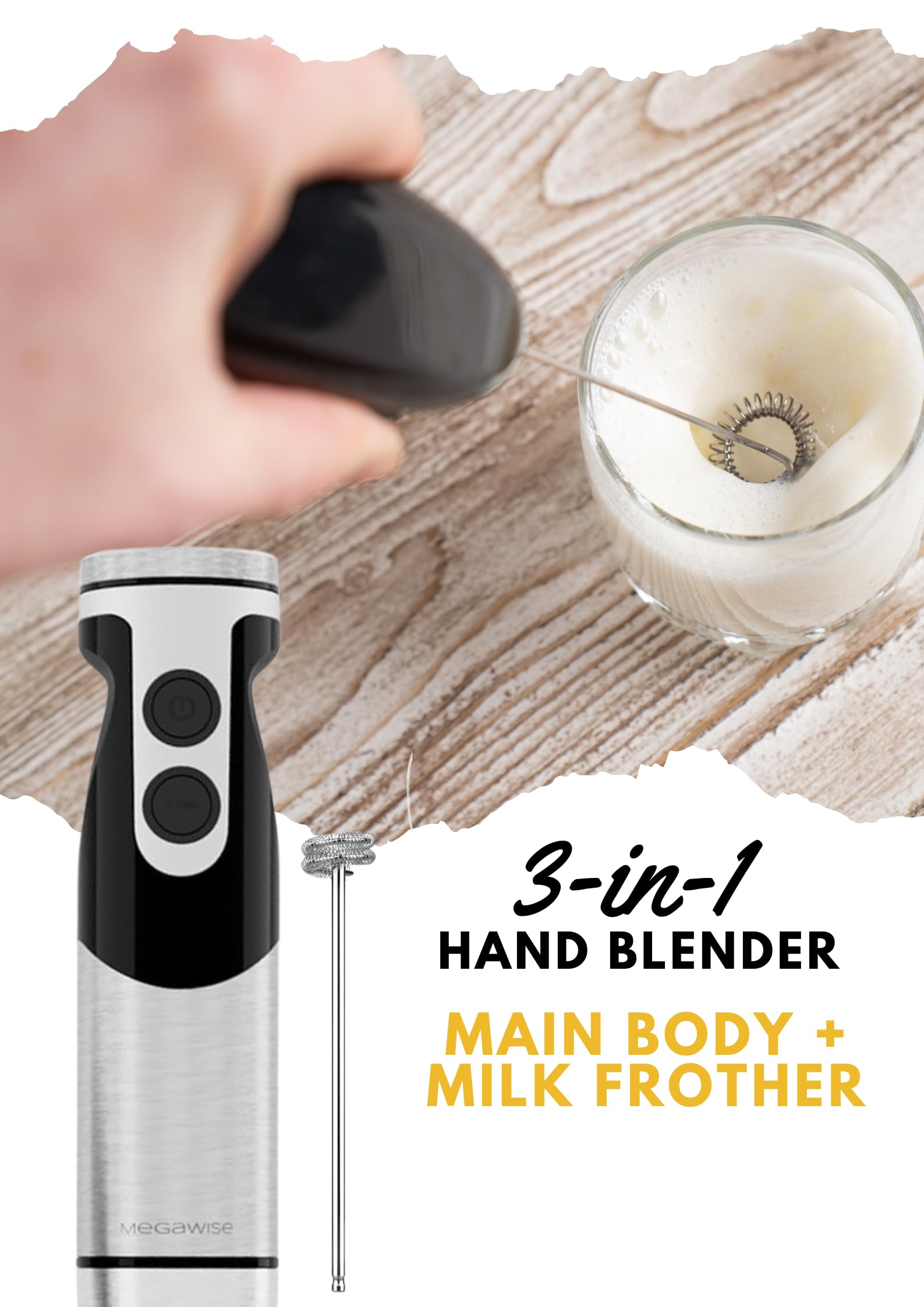 MegaWise Stainless Steel Titanium Reinforced 3-in-1 Immersion Hand Blender  Powerful with 80% Sharper Blades  12-Speed Corded Blender  Including Whisk and Milk Frother (3-in 1 Black)