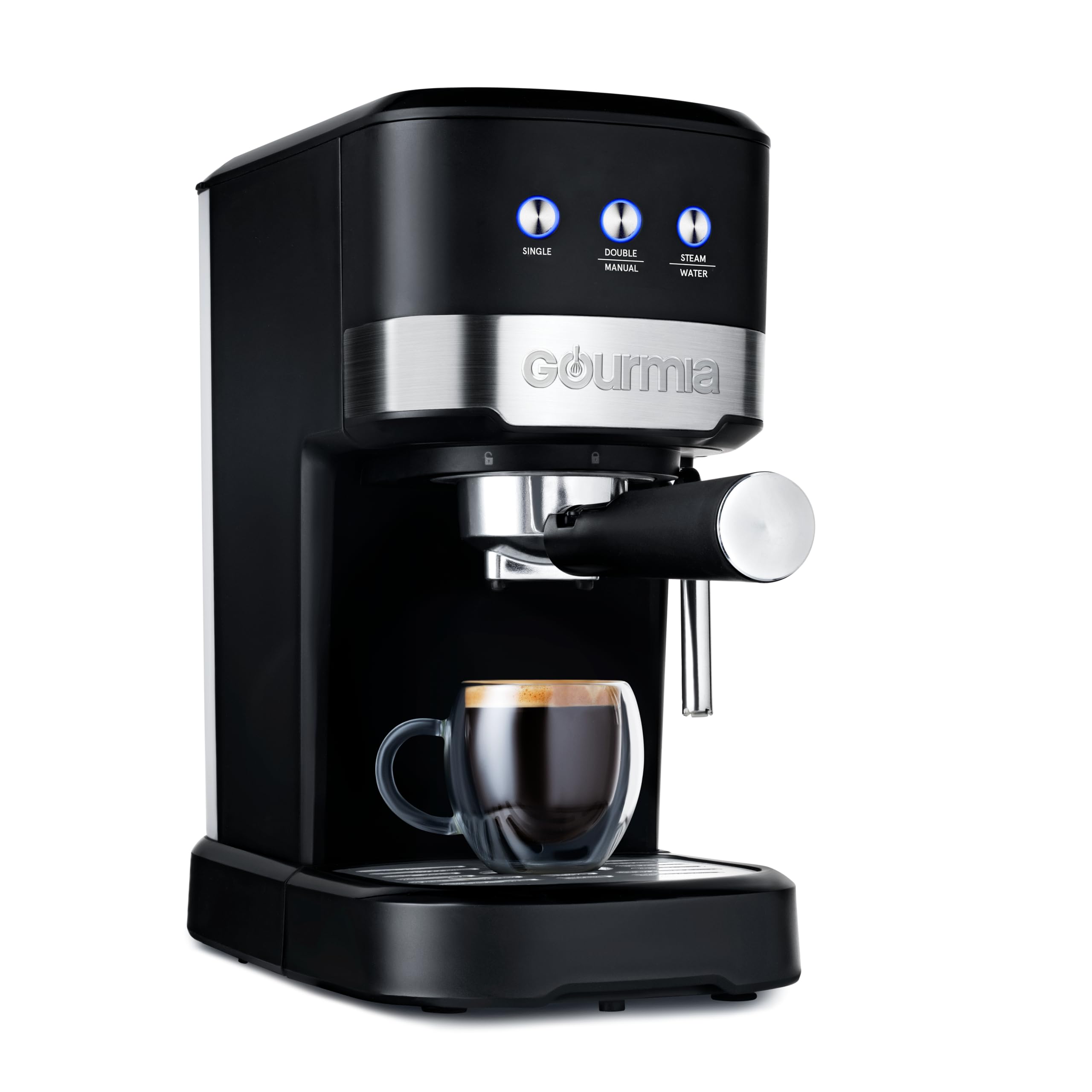 Gourmia 15-Bar Espresso Maker With Powerful Frothing Wand With 1.2L Removable Water Reservoir, Black